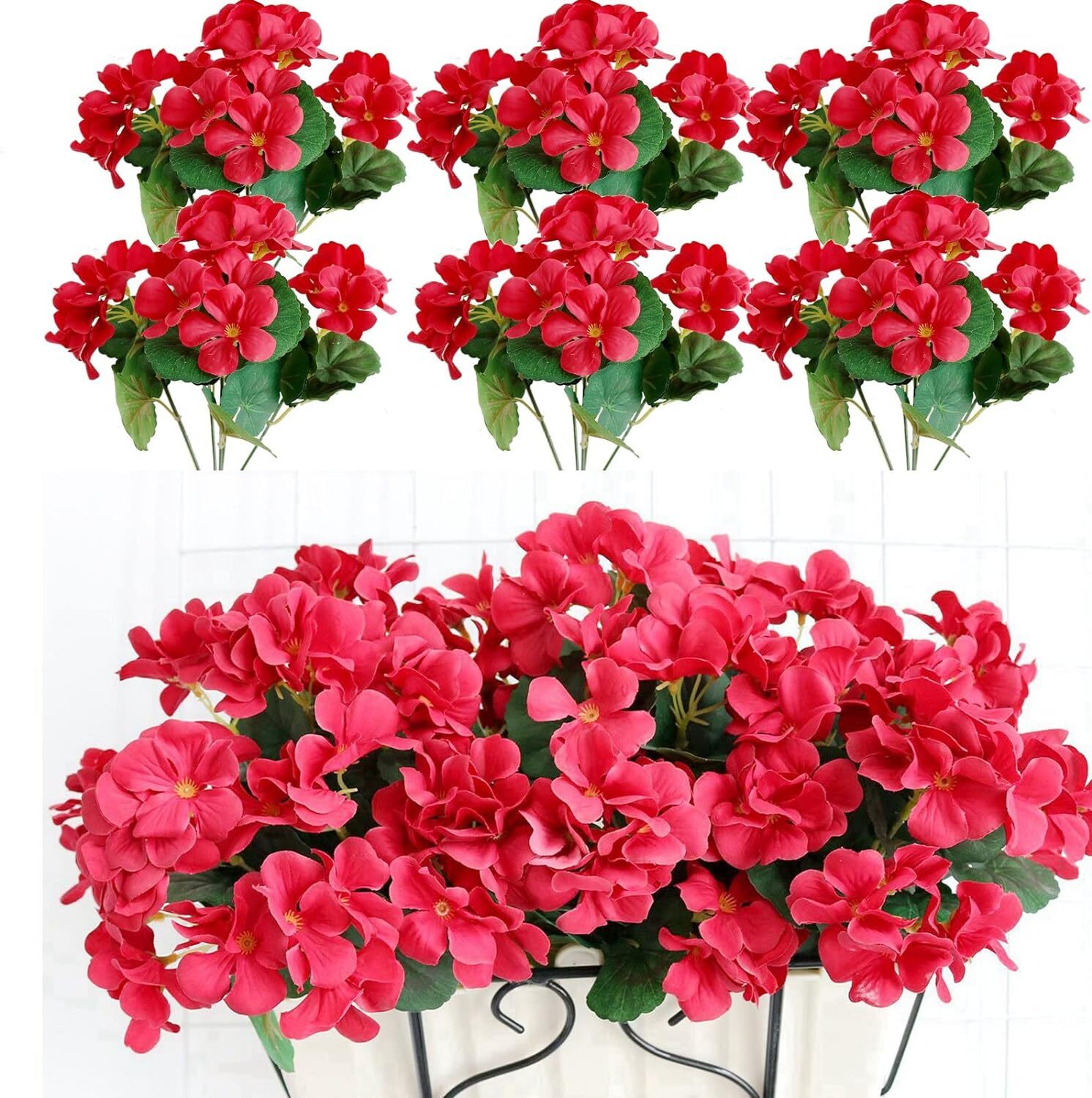 6PCS Artificial Geranium Bush Decorative Silk Flower Artificial Plant for Red