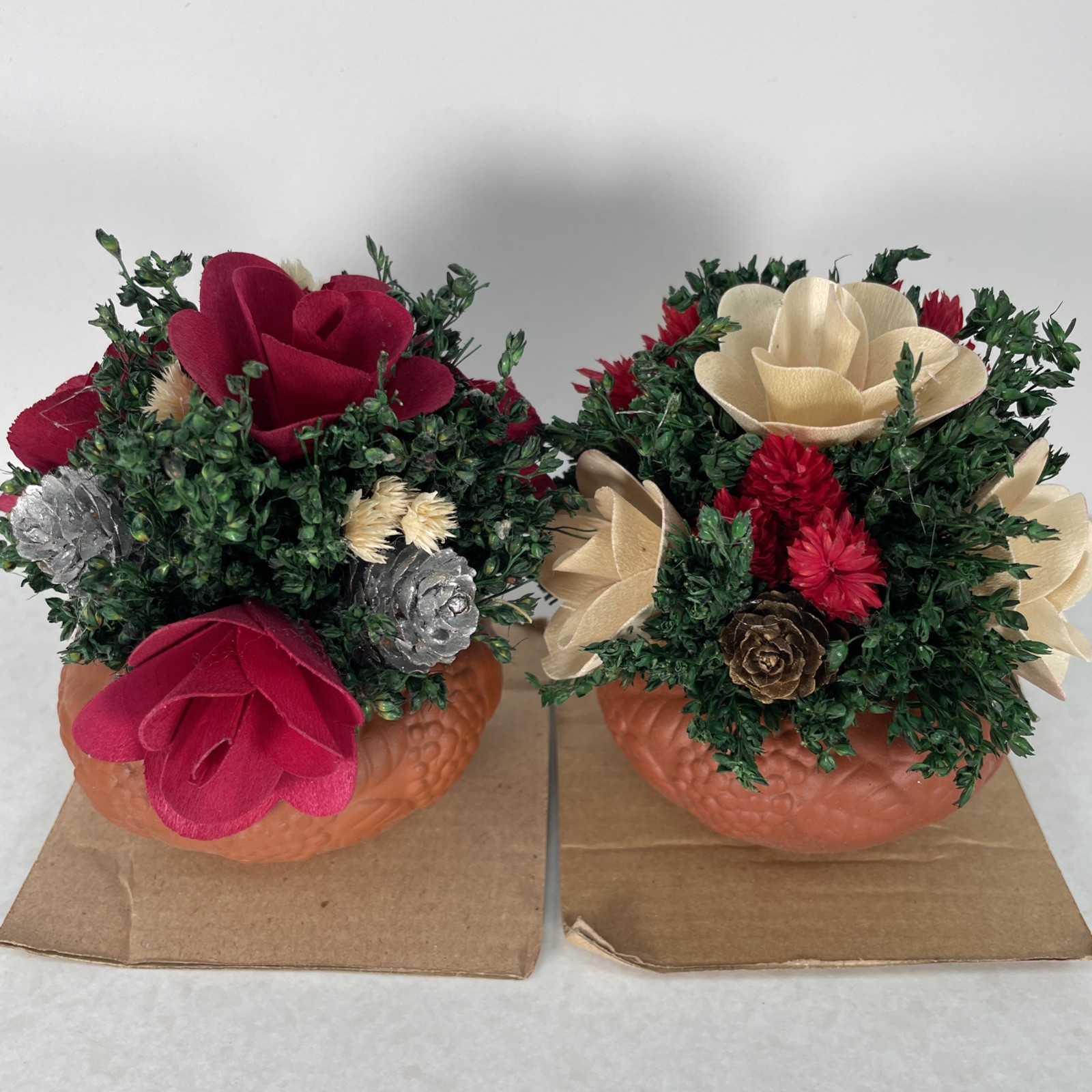 Vintage 2003 Christmas Mini Floral Arrangements Lot of 2 in Terracotta Pots New