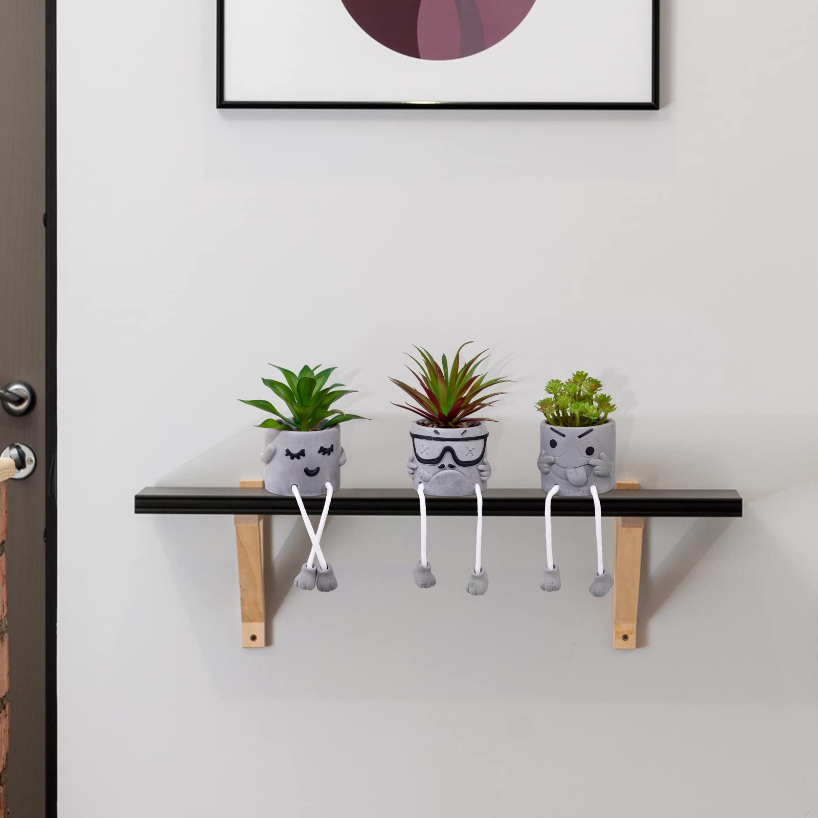 3-Set Artificial Succulents, Potted, Grey Pots, Fake Mini Plants, Desk Decor