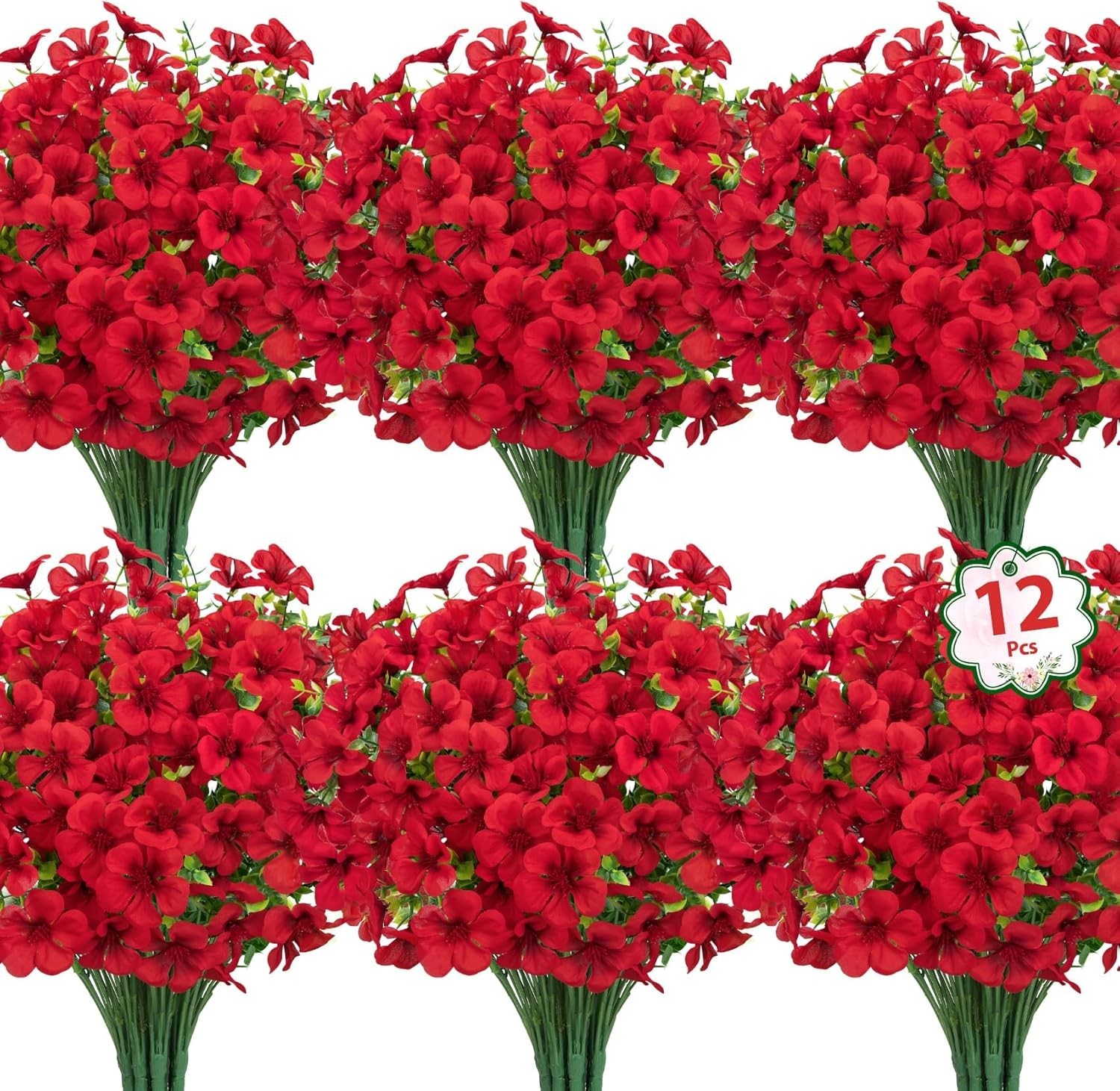 12 Pcs Artificial Geranium Flowers for Outdoors, Silk Fake Flowers with Eucal…