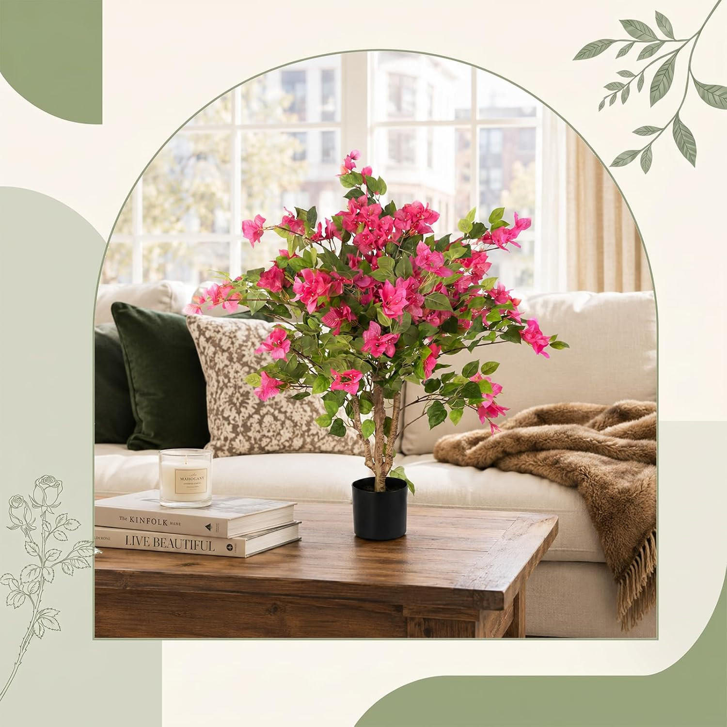 3FT Artificial Bougainvillea Tree, Faux Bougainvillea for Indoor Outdoor Decor,