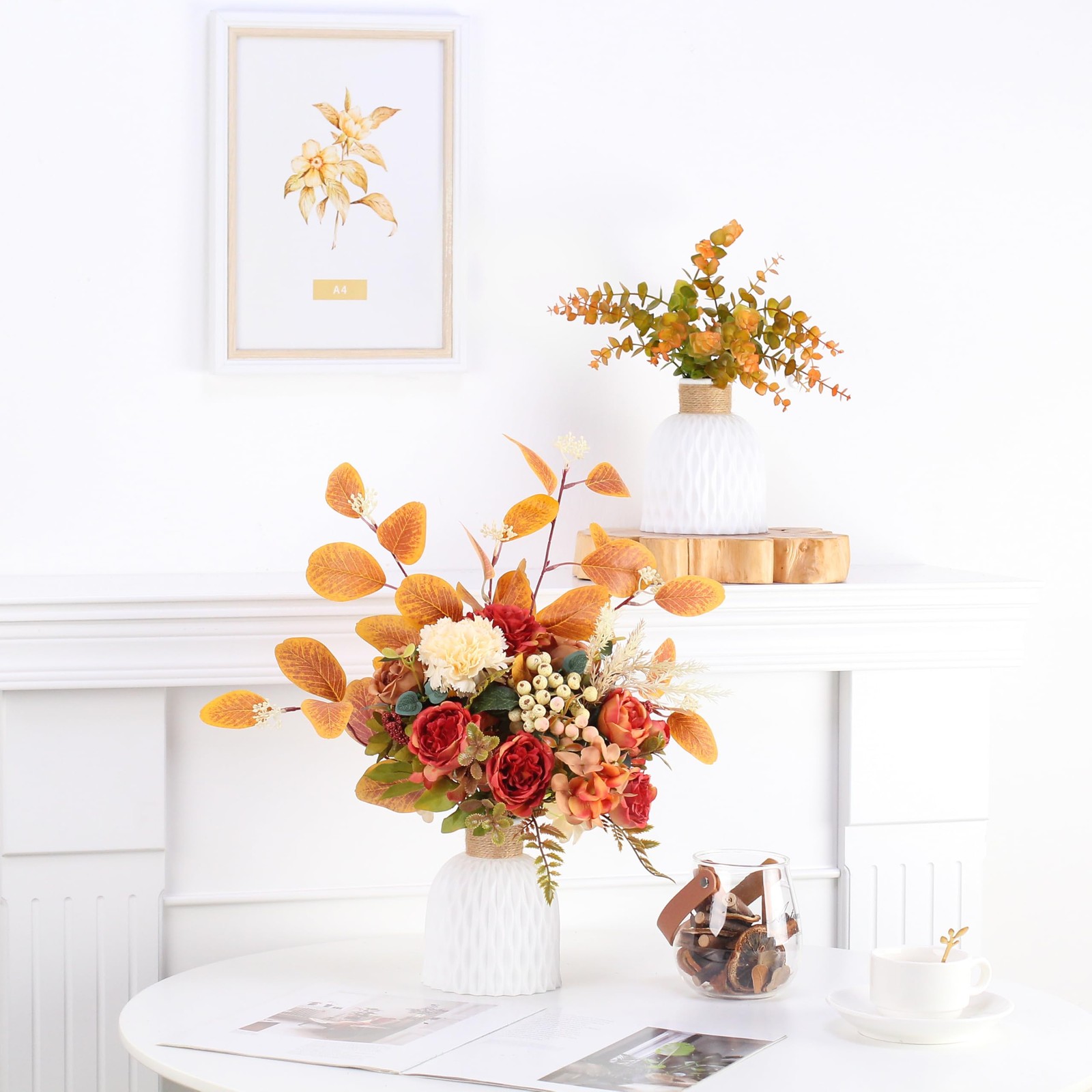 2 PCS Orange Artificial Flower Arrangement In Plastic Vases Desk Home Decor
