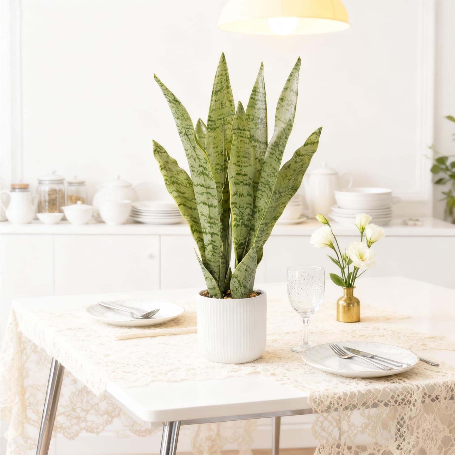 Artificial Snake Plant White Pot 21.5 Inch Fake Sansevieria Faux Greenery