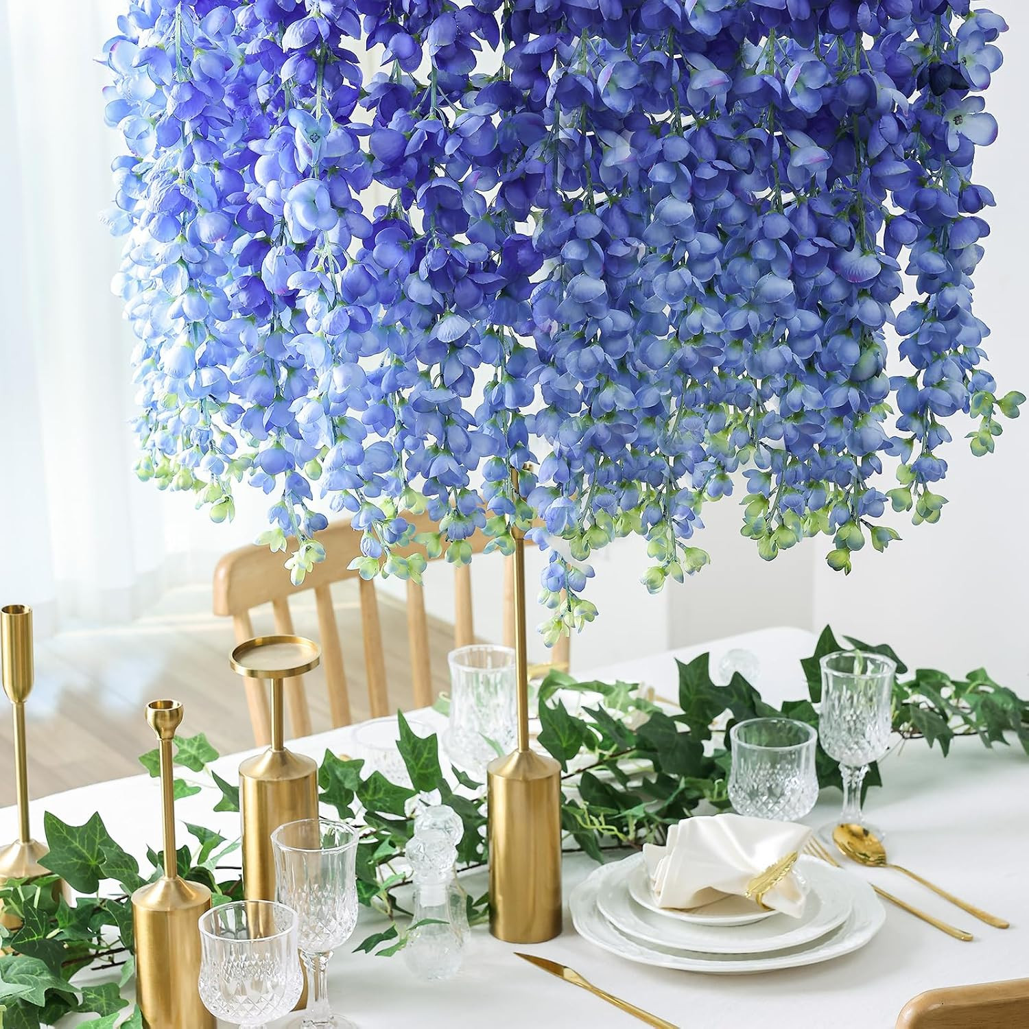 Royal Blue Wisteria Silk Flowers Garland – 6Pcs 48″ Hanging Decor