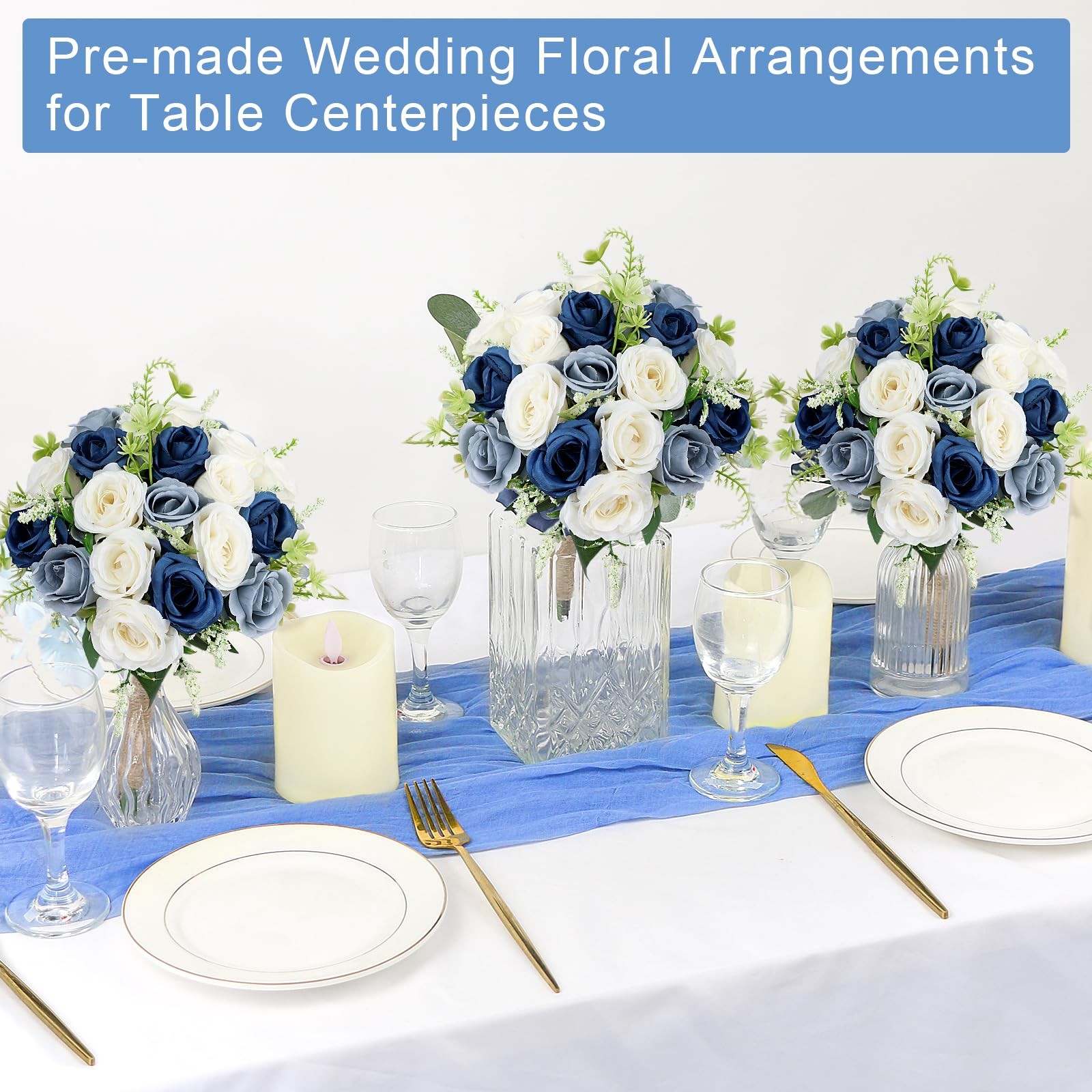 Set Of 2 Navy Dusty Blue White Bridesmaid Bouquets 7 Inch Wedding Ceremony