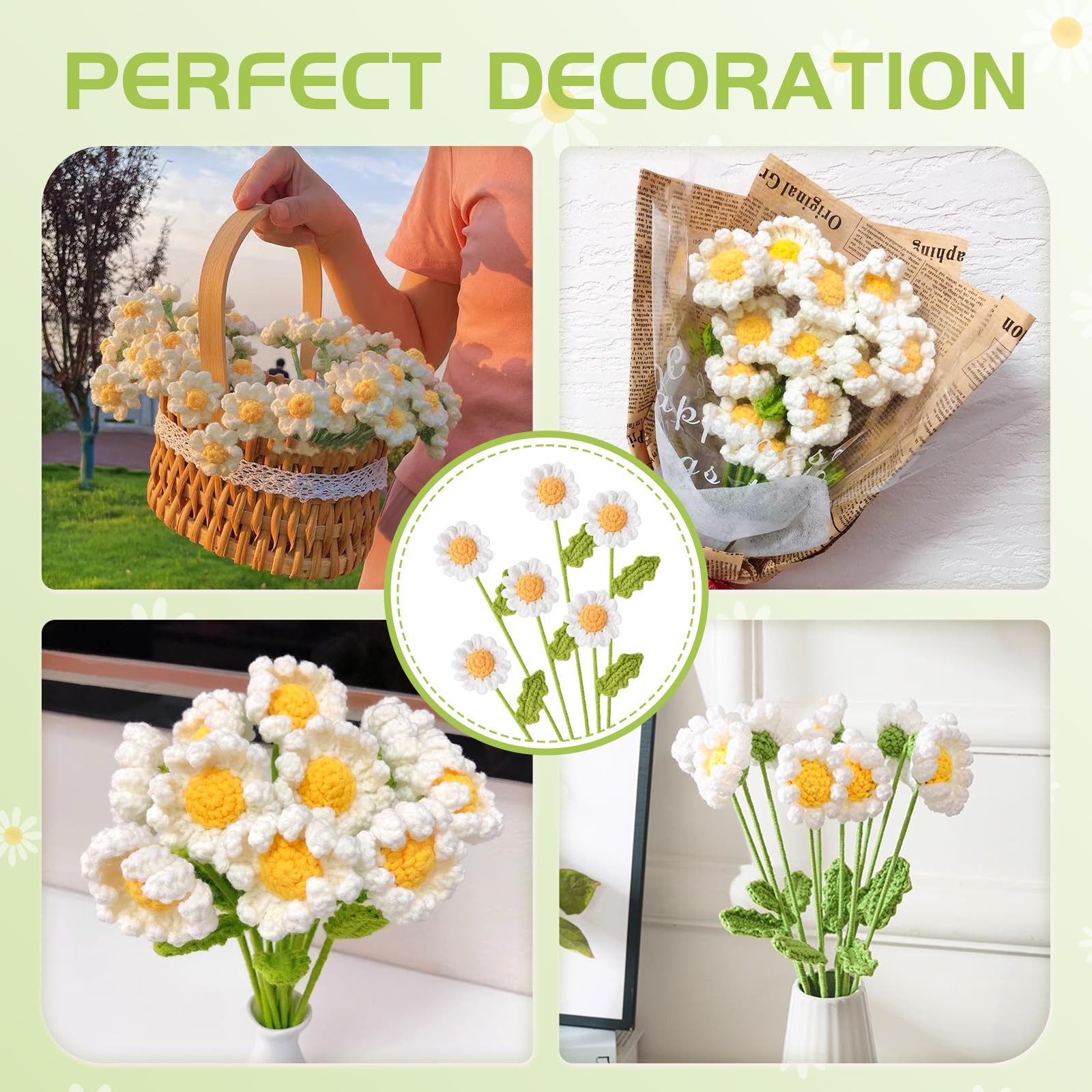 6PCS Crochet Daisy Flower 16.5Inch Knitted Handmade Daisy Flowers Cotton Knit…