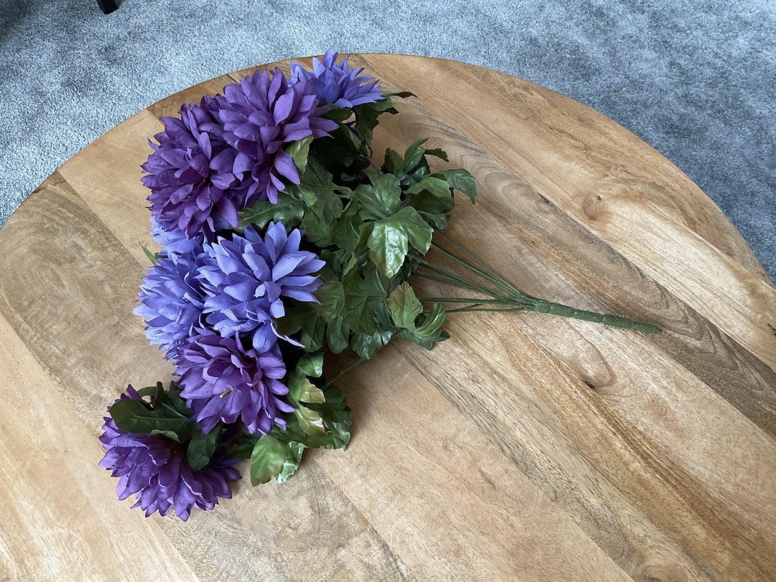 Artificial Purple Mum Flower Bouquet w/Leaves ~ 19” Long ~ Fall Decor