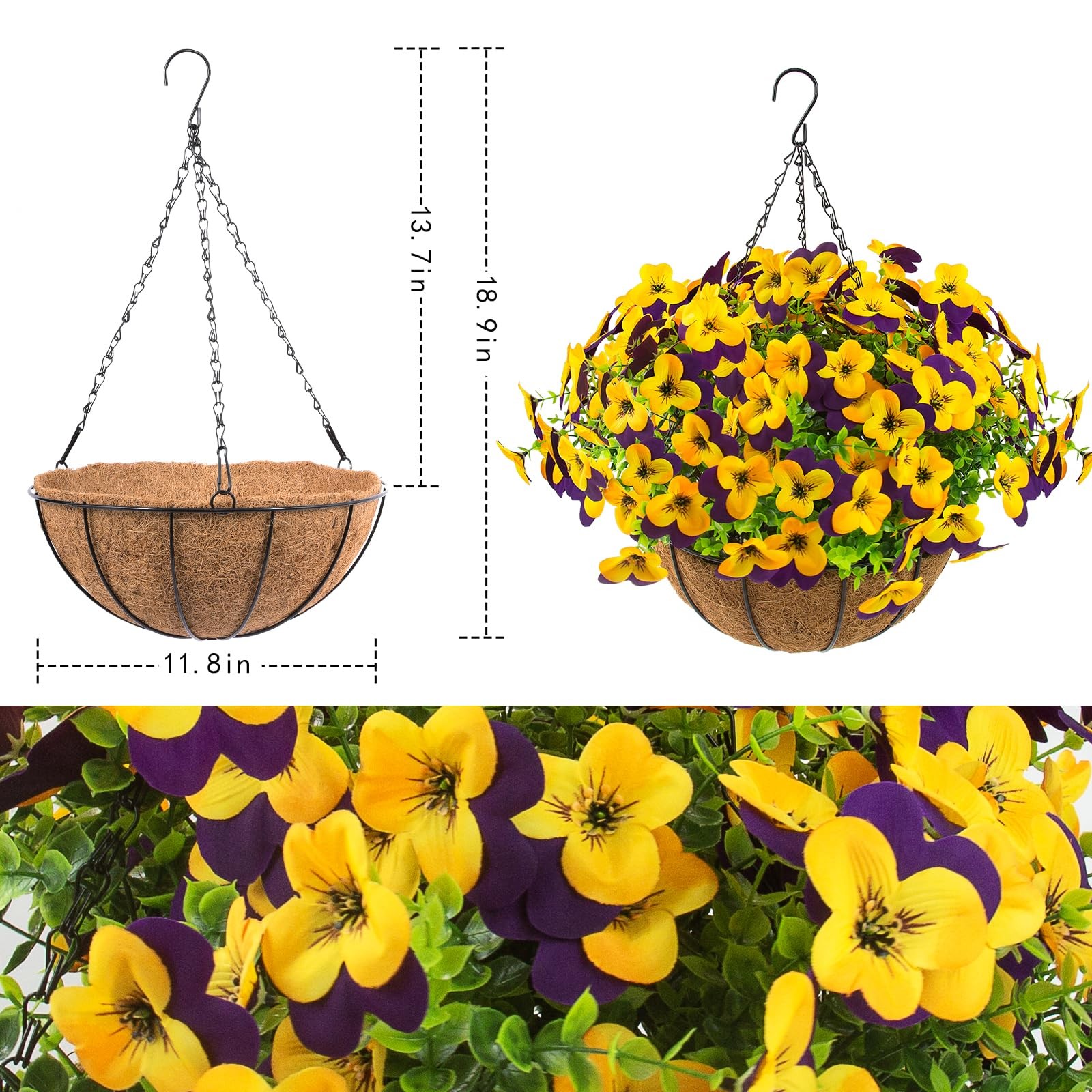 2 Set Artificial Outdoor Pansies Flowers with Hanging Baskets, 2 Hanging Plan…