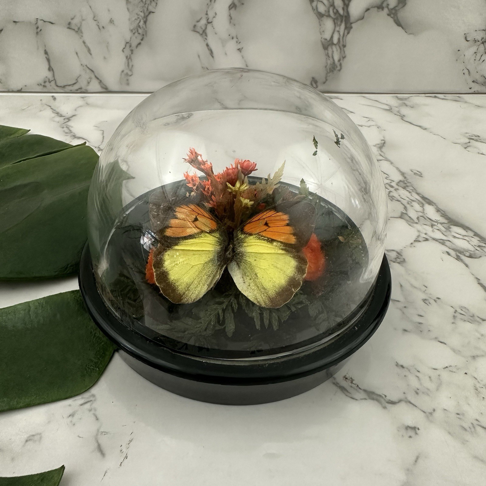 Vintage 80s Butterfly Cloche Dome Bubble Cottage Decor Plastic Orange Floral