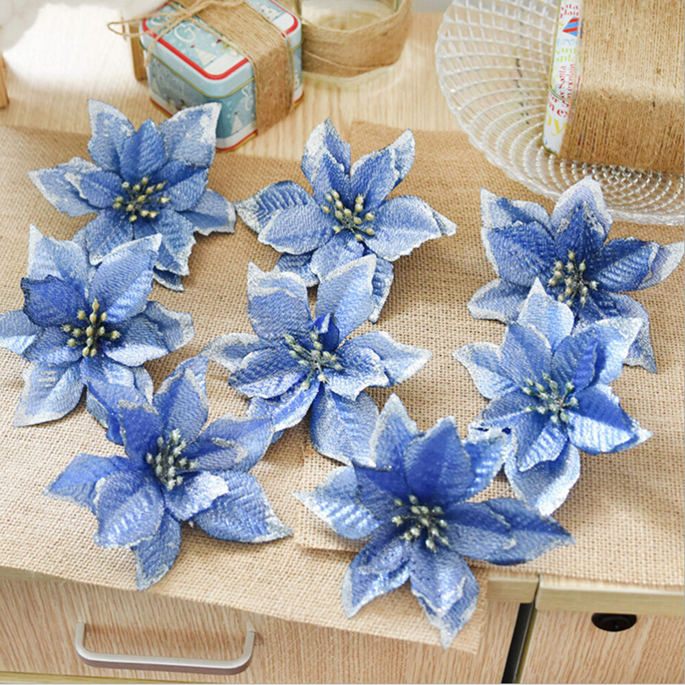 8 Sets Christmas Tree Wreaths Decor Poinsettia Glitter Flower Gold Bow Clip On