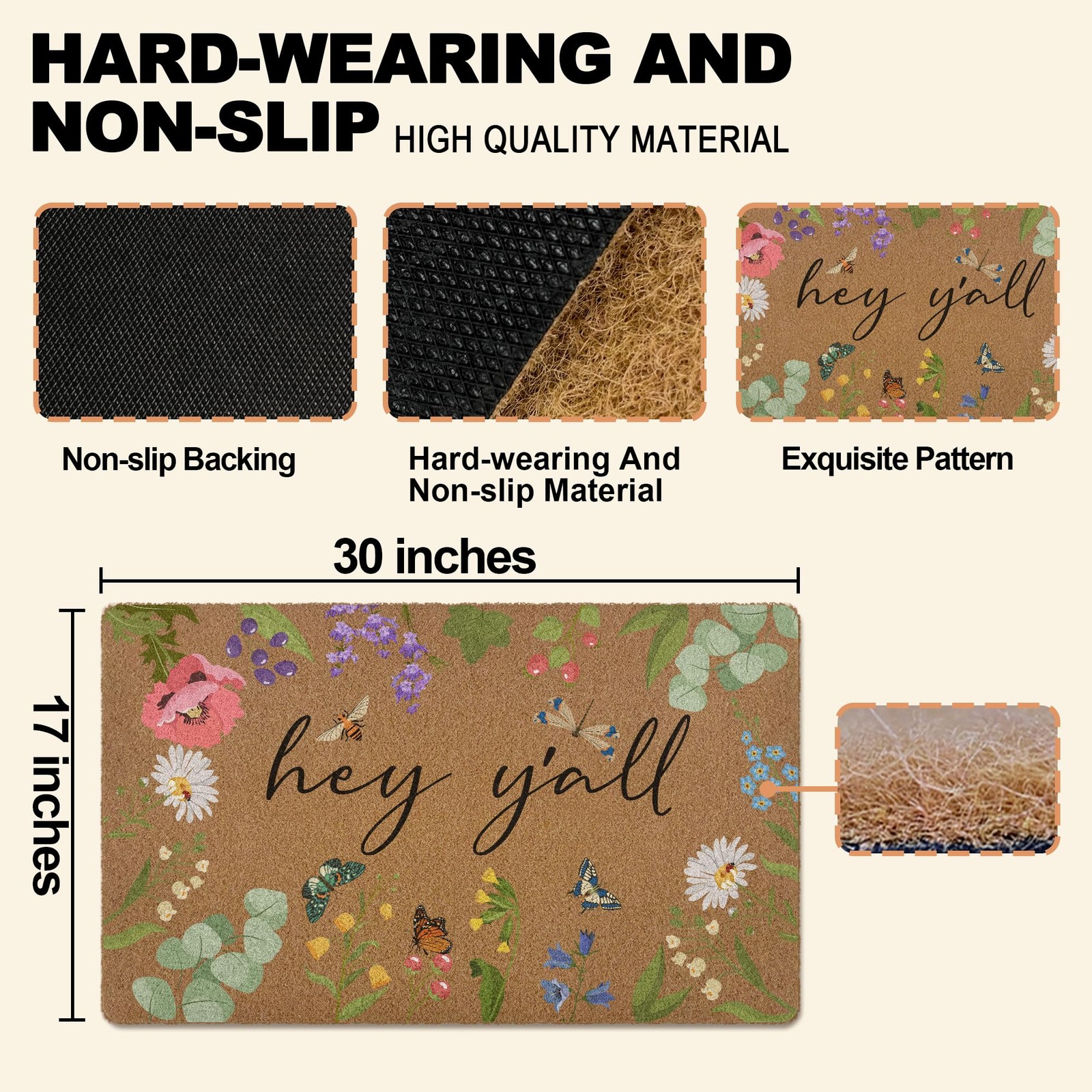 huester Funny Spring Floral Door Mat, Hey Y’all 17x30inch, Flower02
