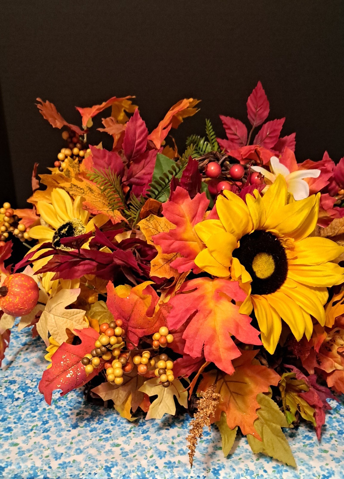 Fall Bouquet In Grapevine Basket Silk flowers Leaves And Berries 17″ X 18″ X 10″