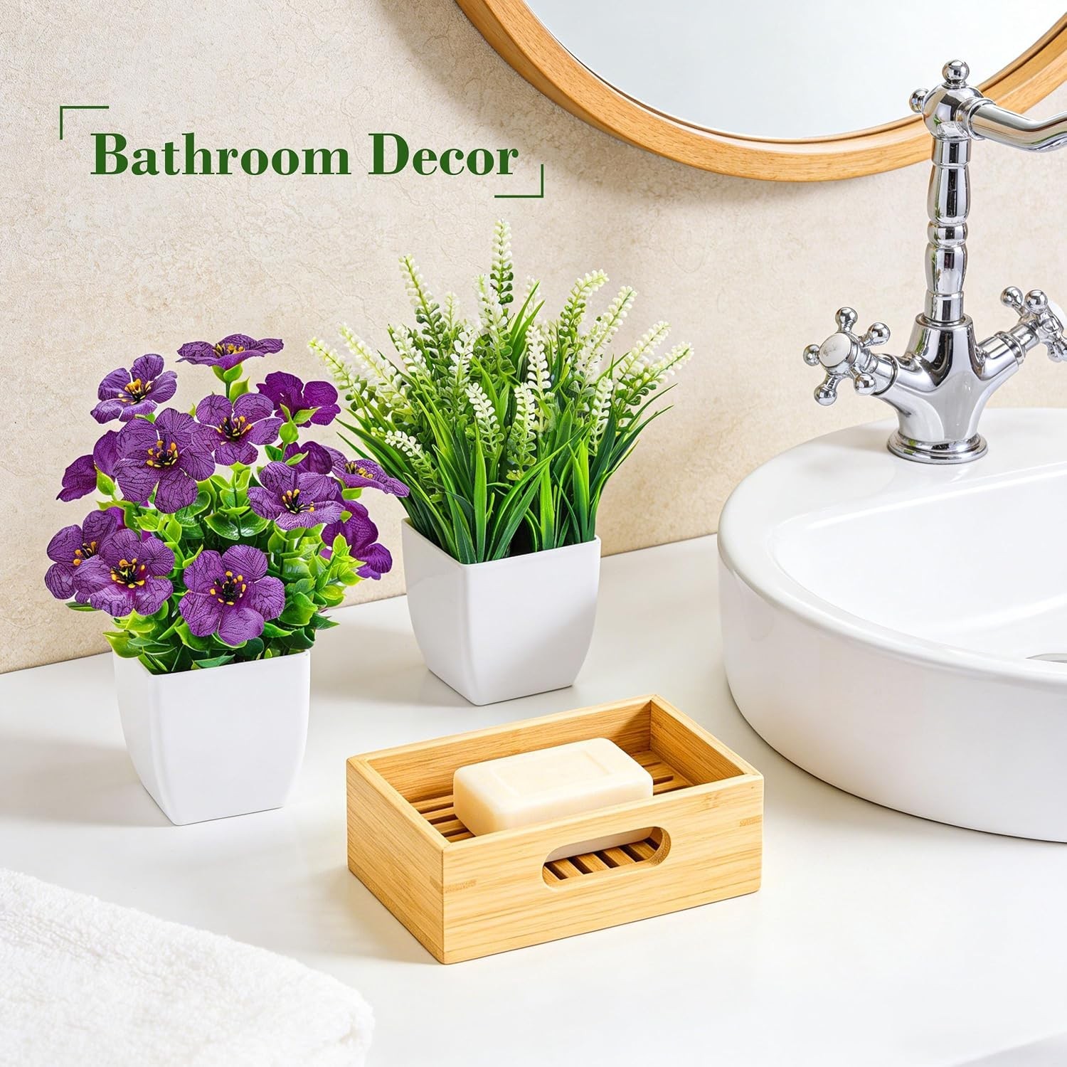 Fake Plants 4 Pack Small Artificial Flowers in White Pots for Desk Bathroom S…