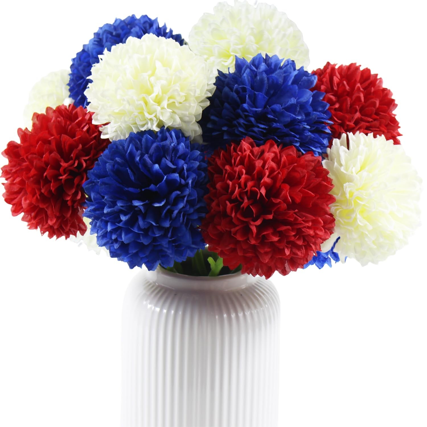 Red White Blue Patriotic Artificial Silk Faux Ball Chrysanthemum 12 PCS