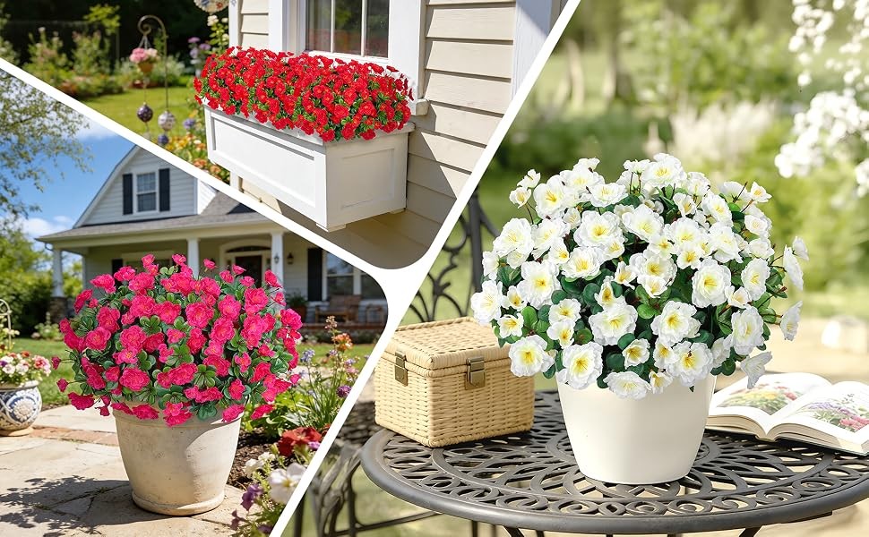 4 Bundles Artificial Camellia Flowers for Outdoors, Fuchsia | Fake silk flowers