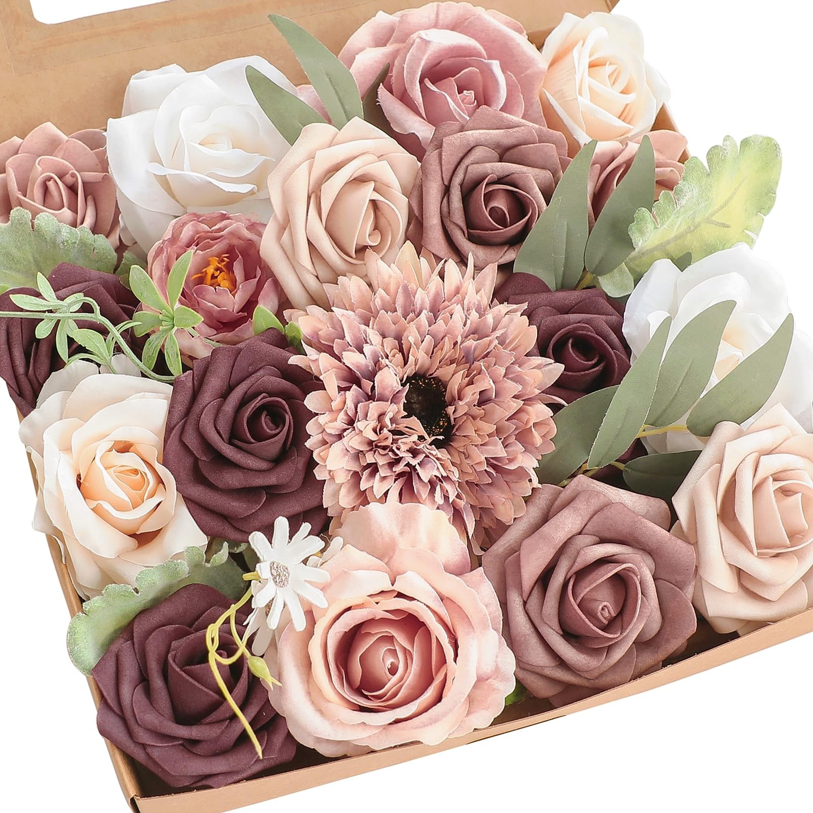 Dusty Rose Mauve Artificial Flowers Fake Roses Peony and Greenery Combo Box S…