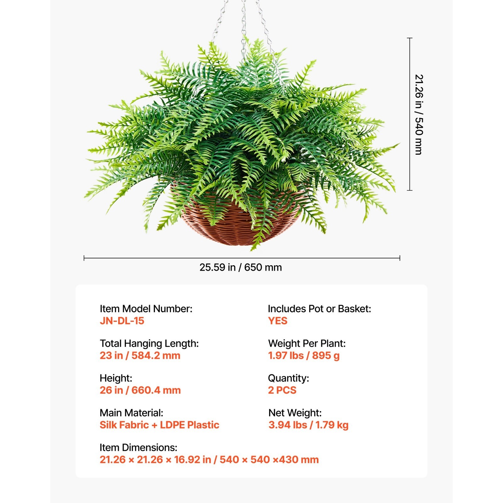 Artificial Ferns, Set of 2 Hanging Boston Fern Bush Plants with 23-Inch Length