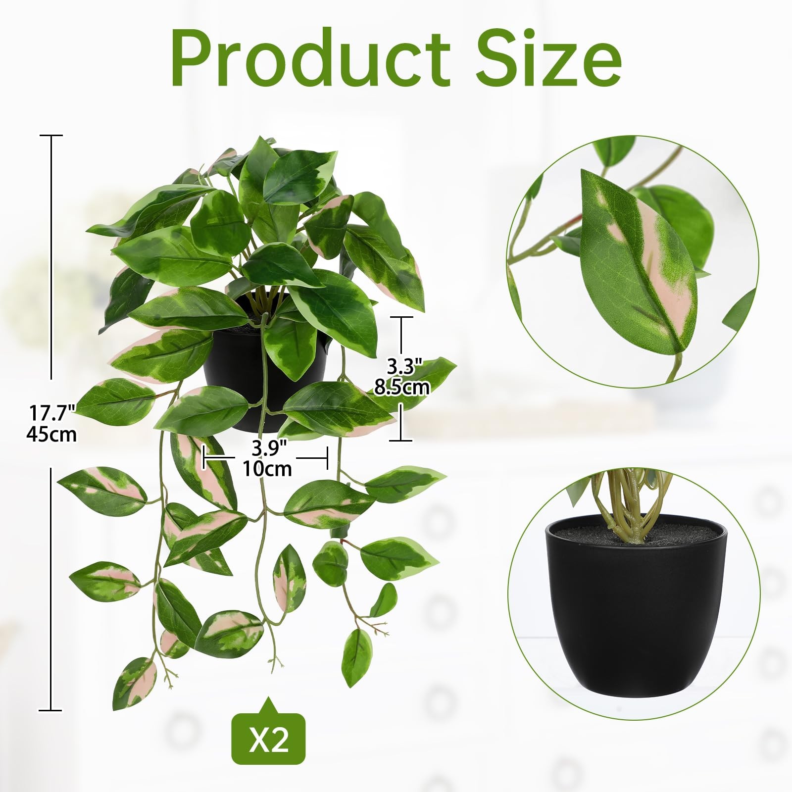 2 Pack Realistic Artificial Faux Trailing Pink N Joy Leaf Potted Plants