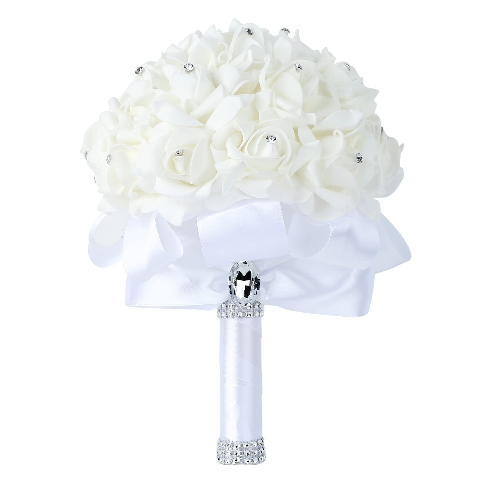 White Wedding Bouquet Crystal Roses Artificial Bridal Flowers Party Church