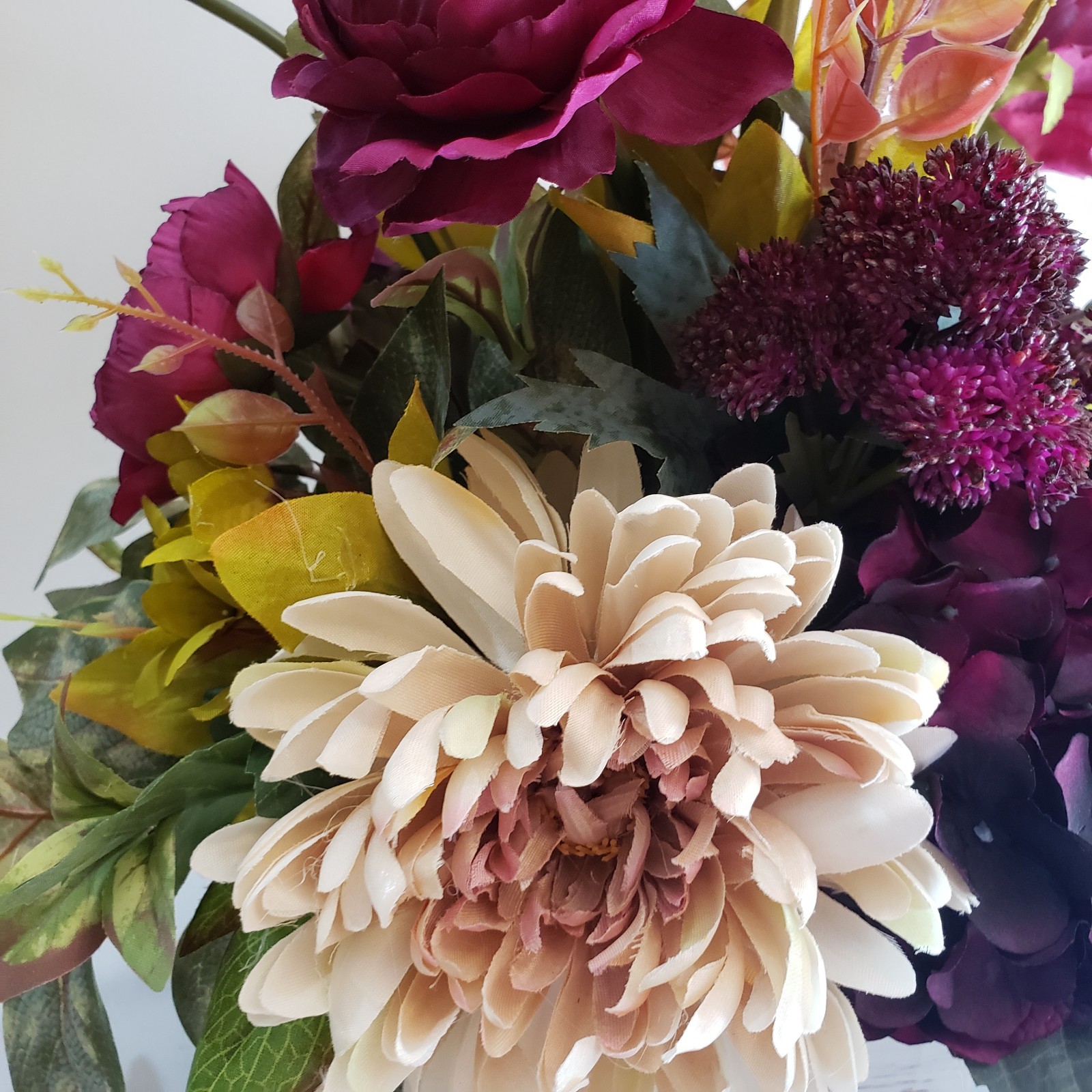 Handmade Silk Flower Centerpiece, Deep Purple Hydrangea, Blush Rose & Mum