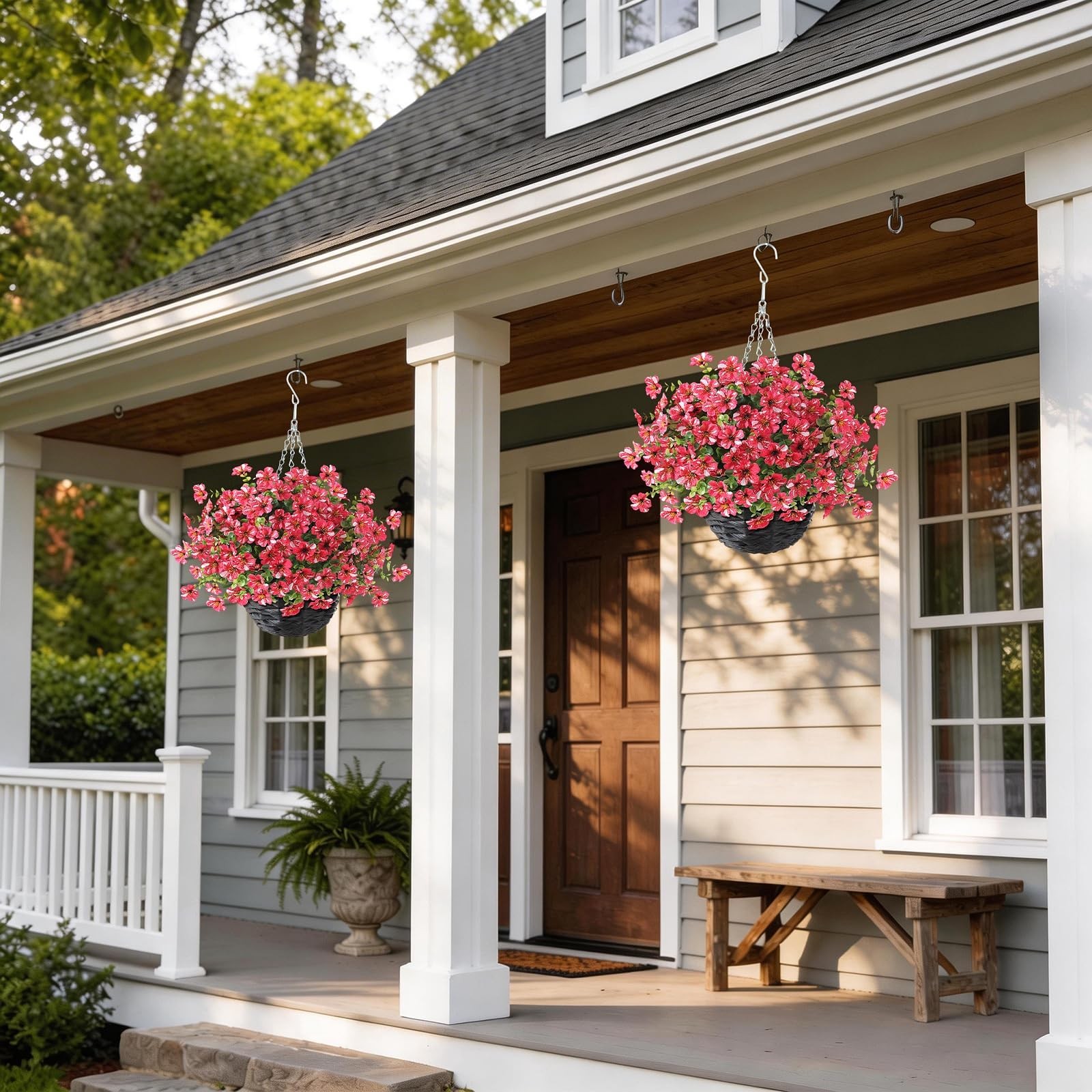Artificial Flower & Eucalyptus with Hanging Basket – 2PCS Faux UV Sun Resistant