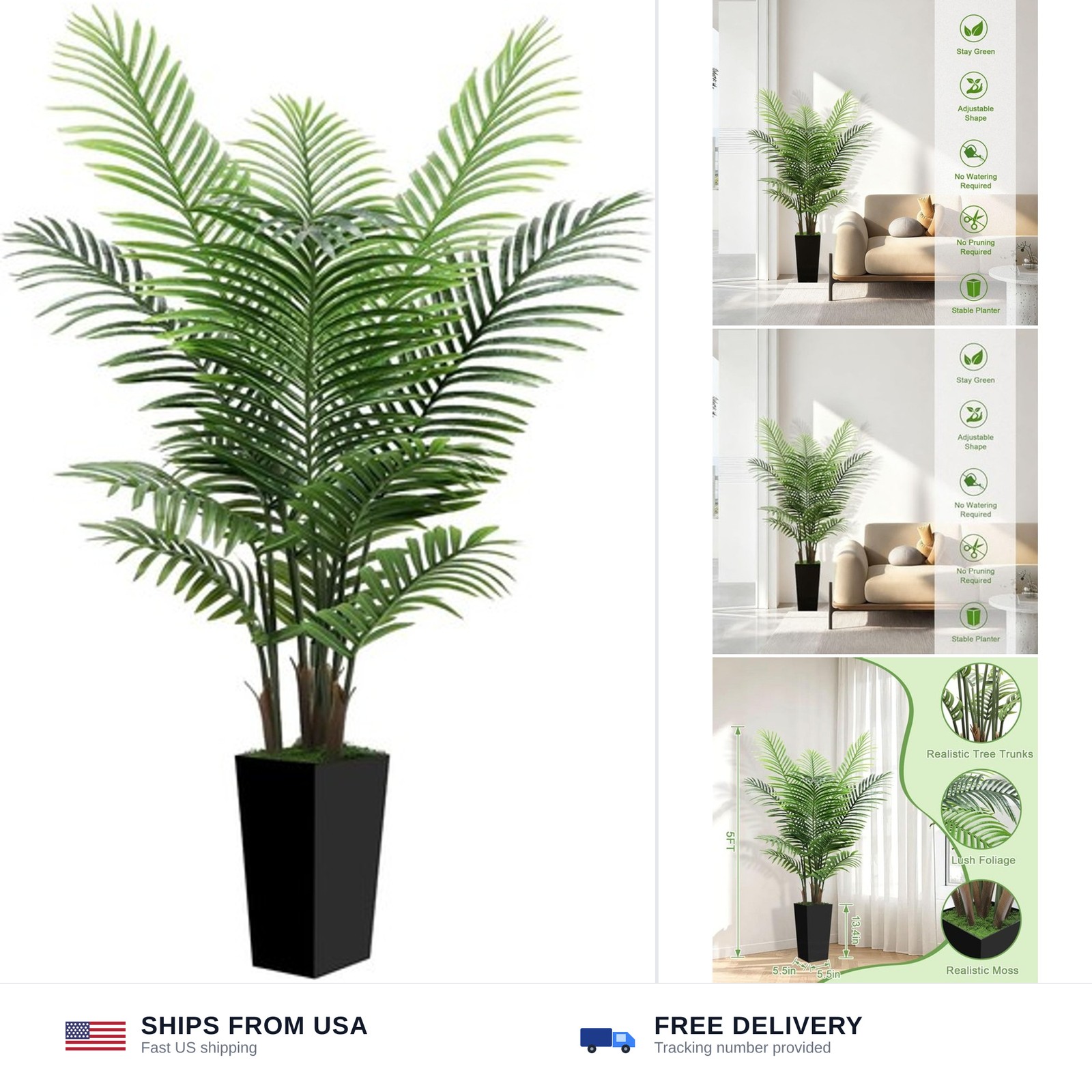 5FT Tall Fake Palm Tree with Black Planter – Artificial Plants Indoor Large F…