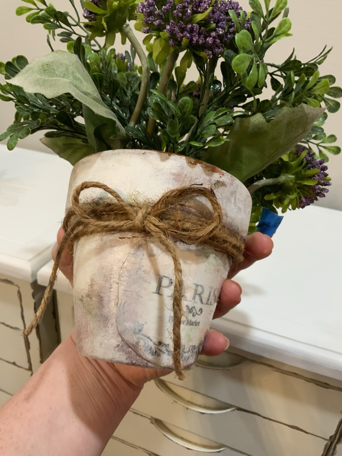Distressed White Wash Terracotta Pot Paris Purple Flower Arrangement Bow