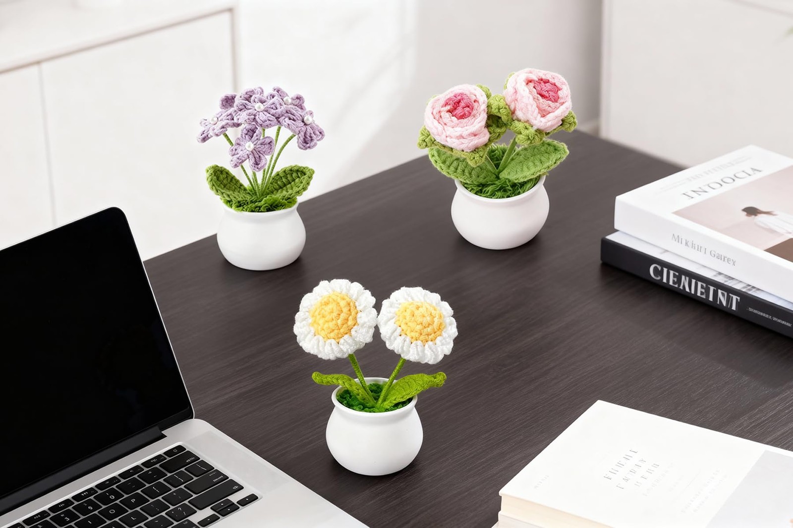 3 PCS Crochet Flower Pot Set Daisy Rose Forget Me Not Potted Gift Decor