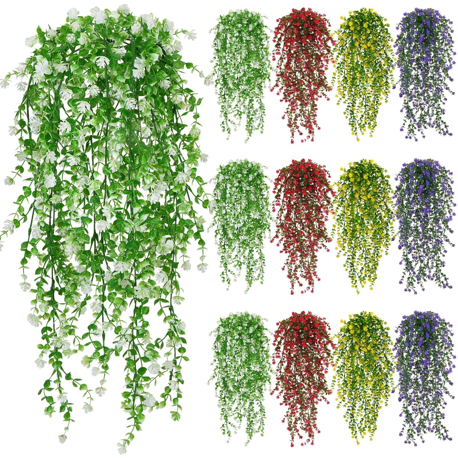 12 Pcs Artificial Hanging Flowers Fake Eucalyptus Leaf Trailing Vines Faux Fl…