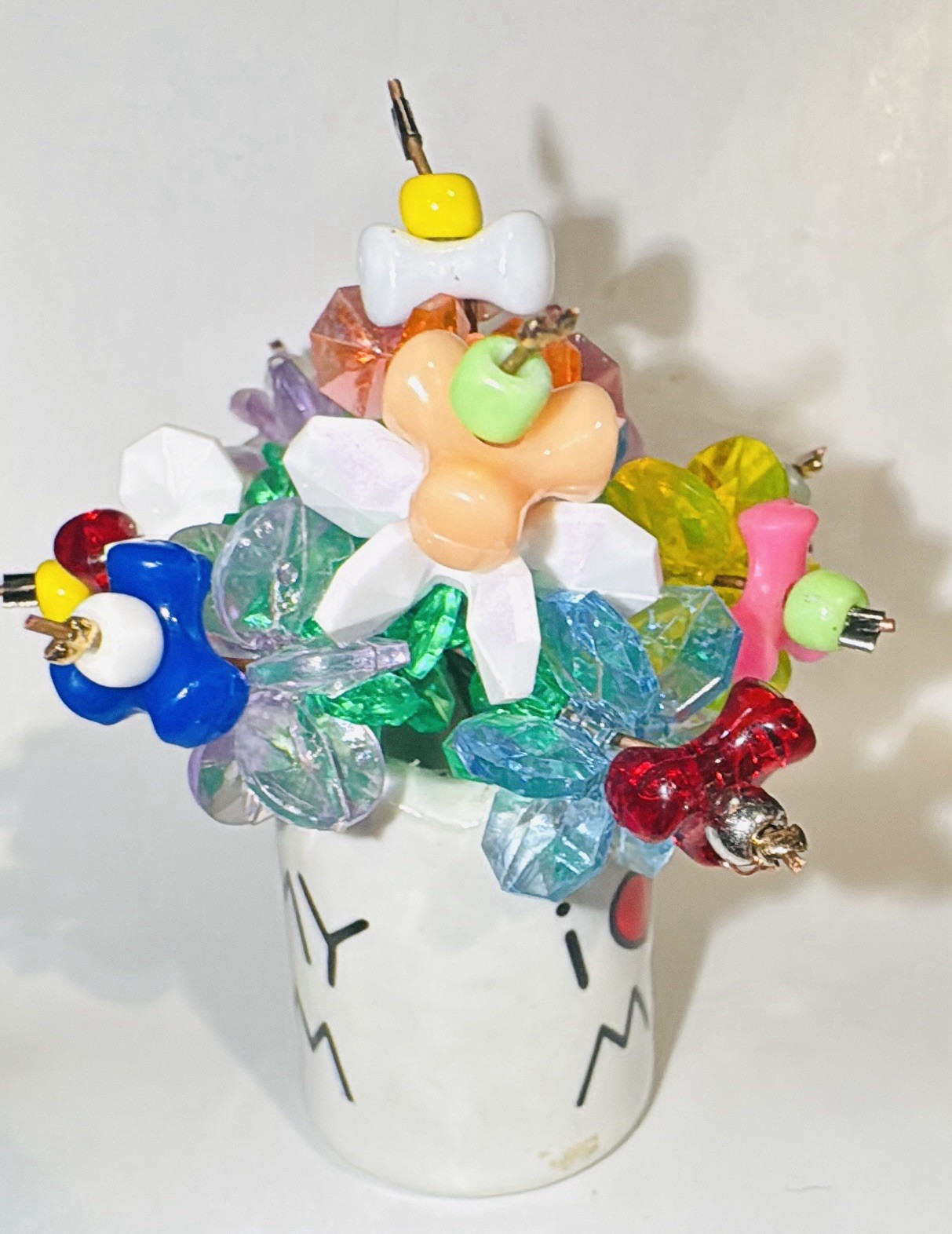 OOAK Mini Beaded Flower Bouquet In Ceramic Jar “I LOVE MY MUM” Mothers Day Gift
