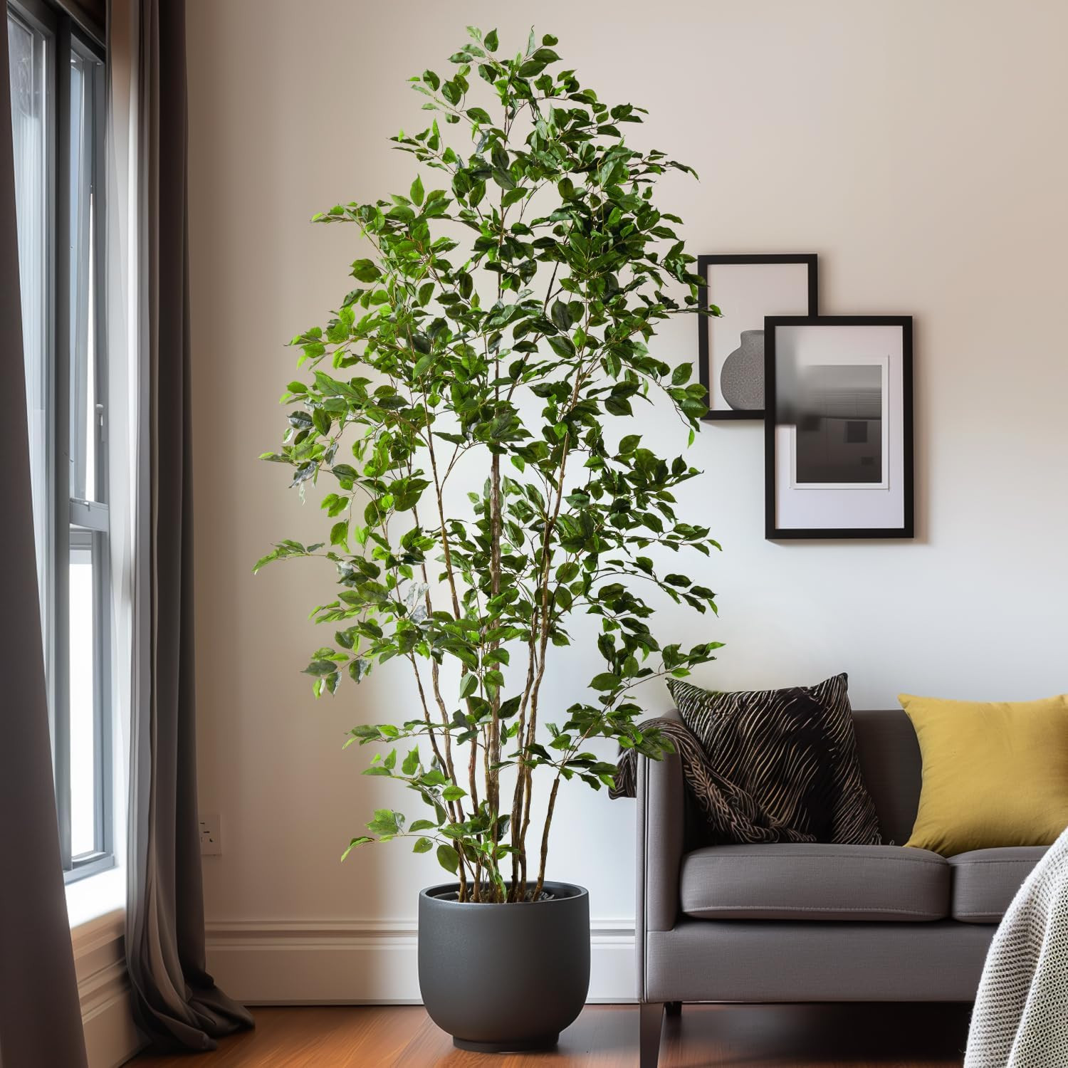 Artificial Ficus Tree Indoor 8Ft, Large Potted Faux Tree with Realistic Silk Lea