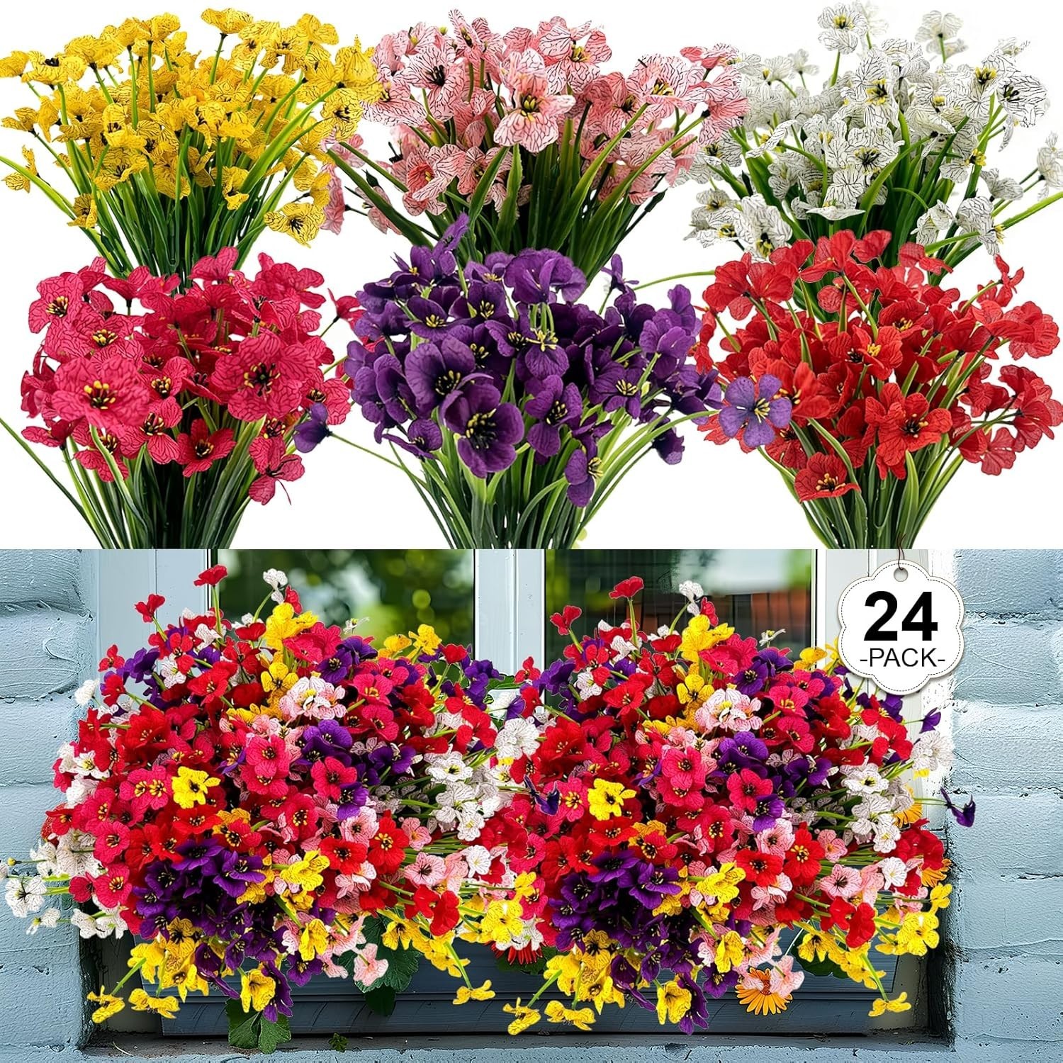 24 Pcs (6 Color) UV Resistant Outdoor Artificial Faux Flowers Plants Realistic P