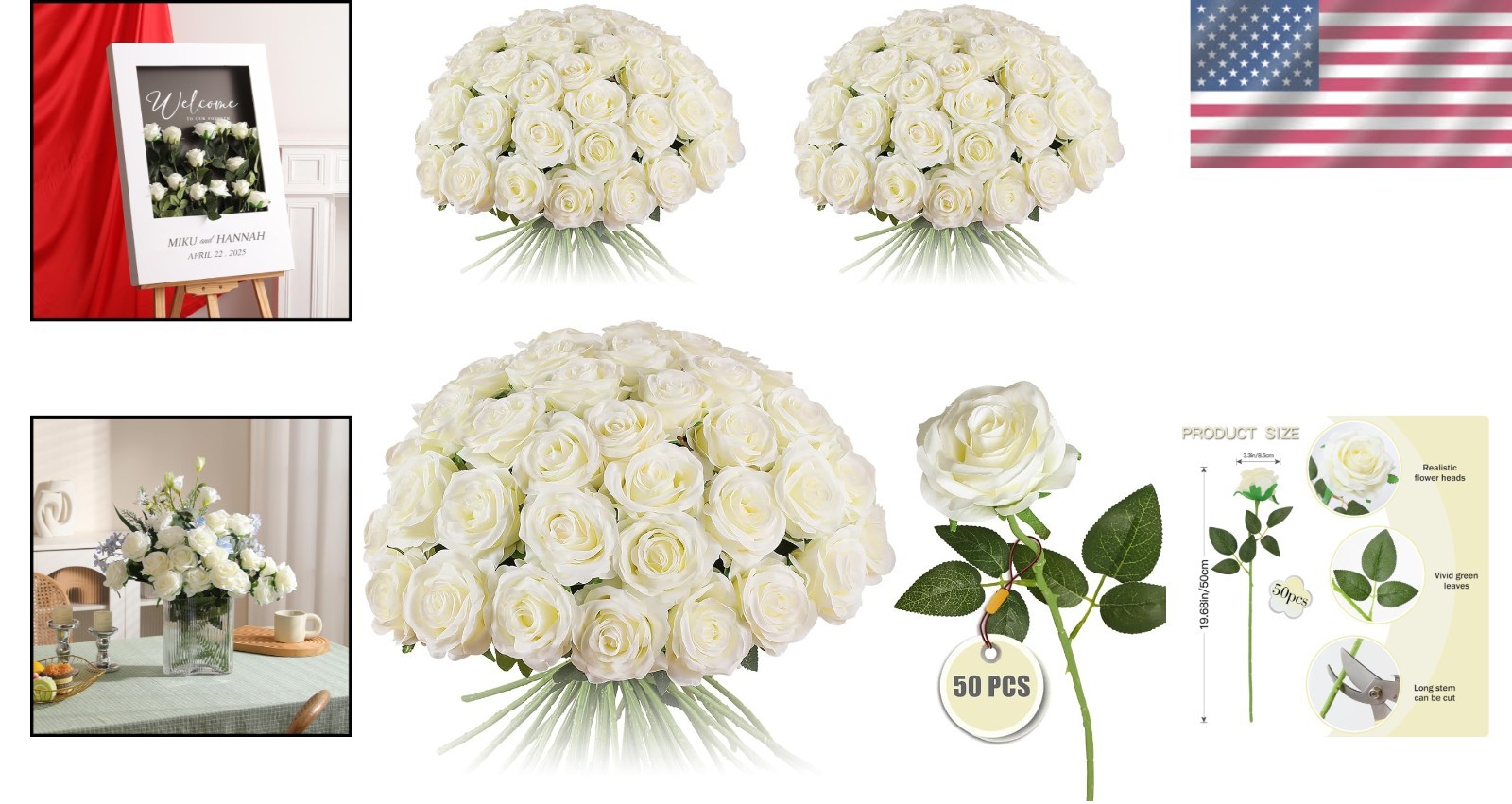 Large White Rose Bouquet – 50PCS Silk Roses for Centerpieces