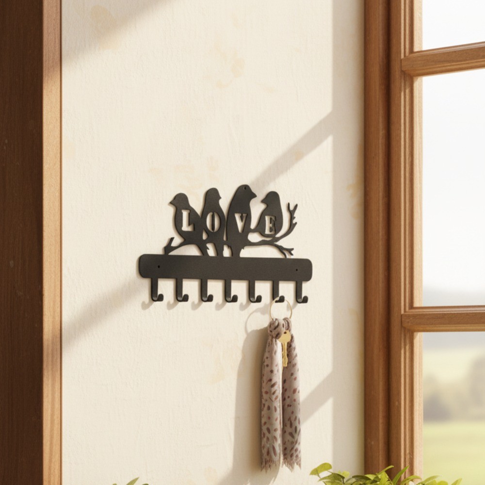 Faynee Lovebird Metal Key Holder Wall Mount Hook for Coats Umbrellas Home Decor
