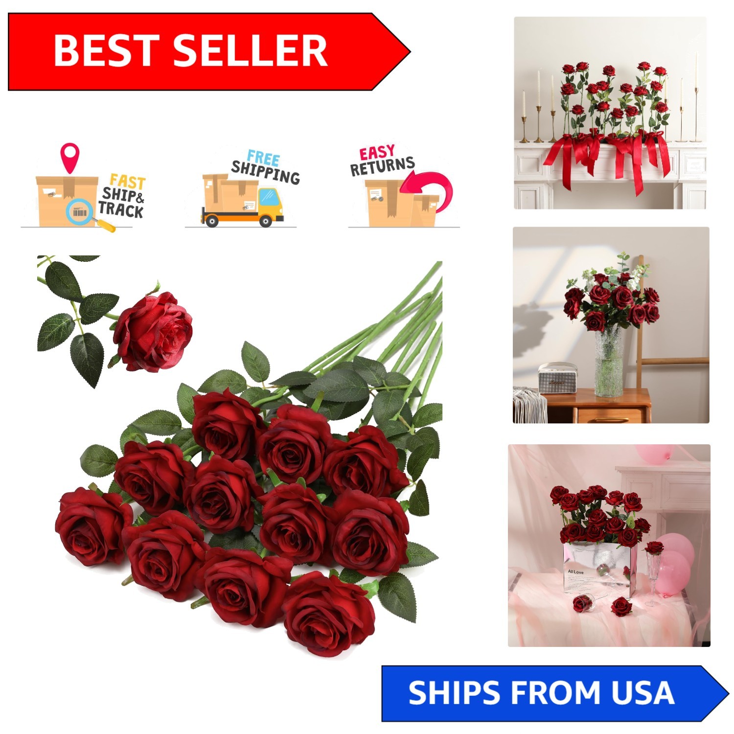 12PCS Burgundy Silk Roses for Elegant Home & Wedding Décor – 20” Long Stems