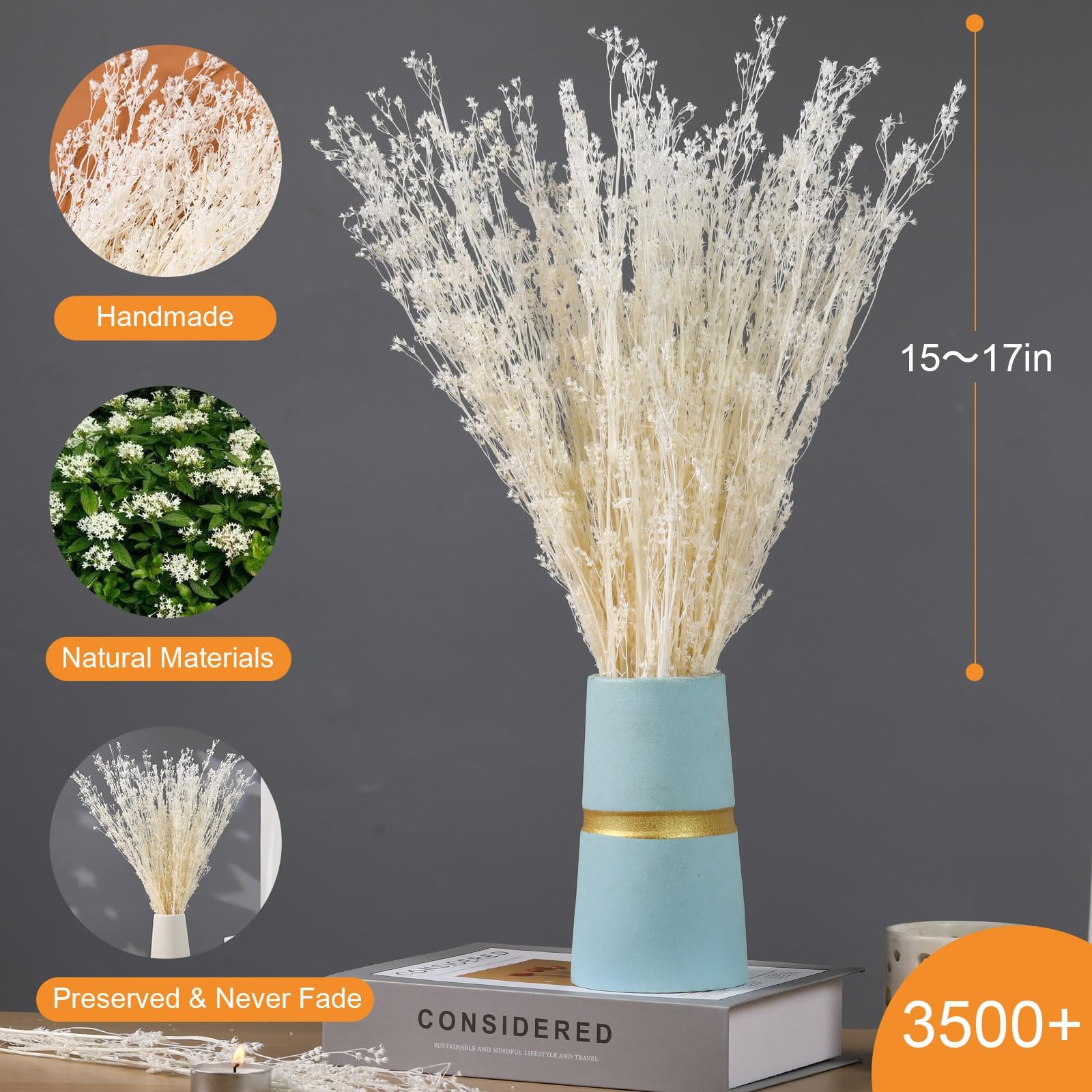 Dried Flowers Babys Breath Bouquet, – 17 Inch 3500+ Preserved Natural Flowers…
