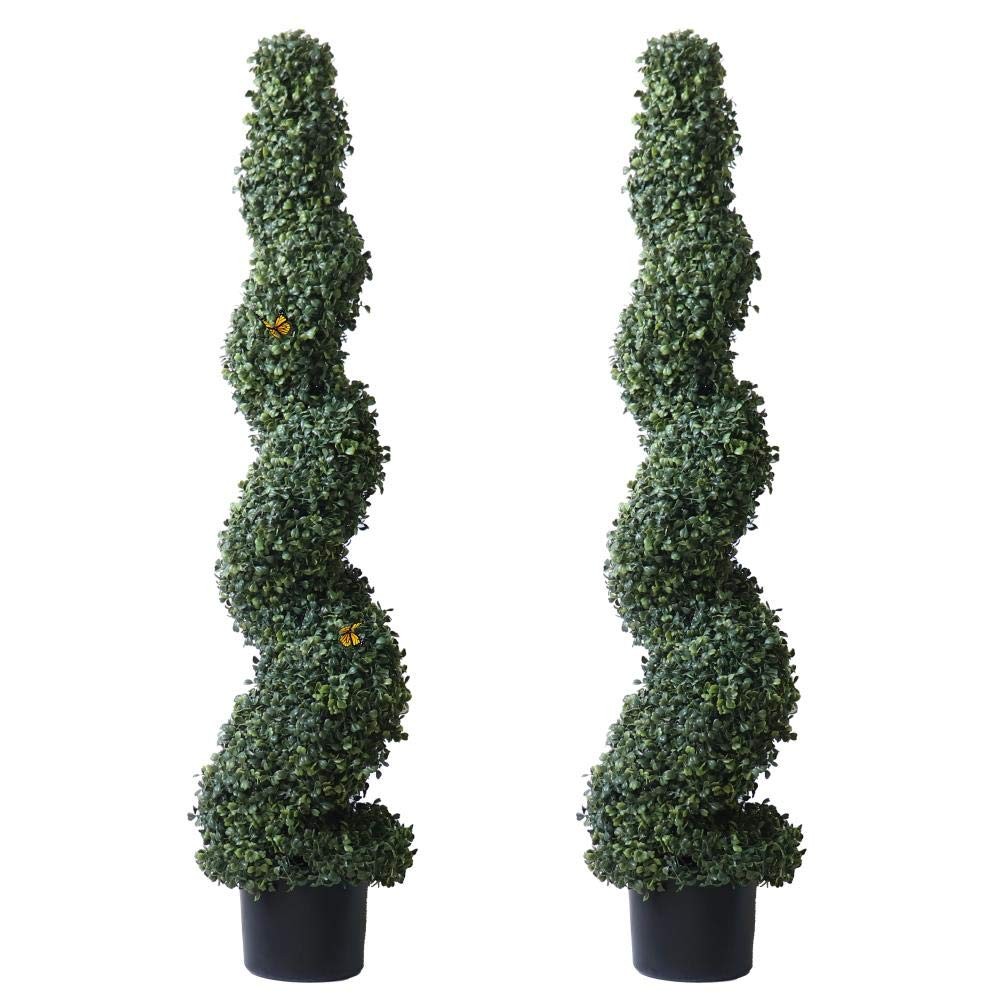 4′ Spiral Boxwood Topiary Trees Artificial Outdoor Plants in Plastic Pot Fron…