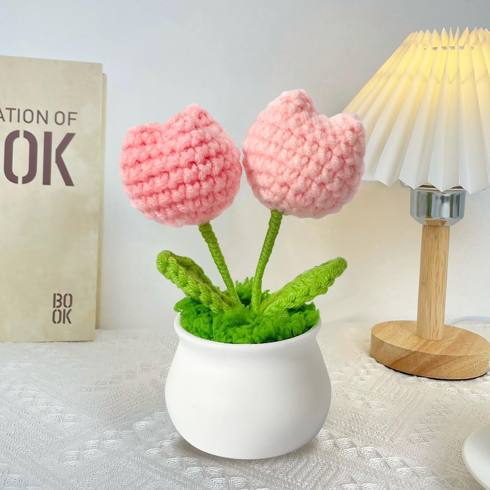 3 PCS Crochet Flower Pot Daisy Tulips Forget Me Not Desk Decor Mothers Day