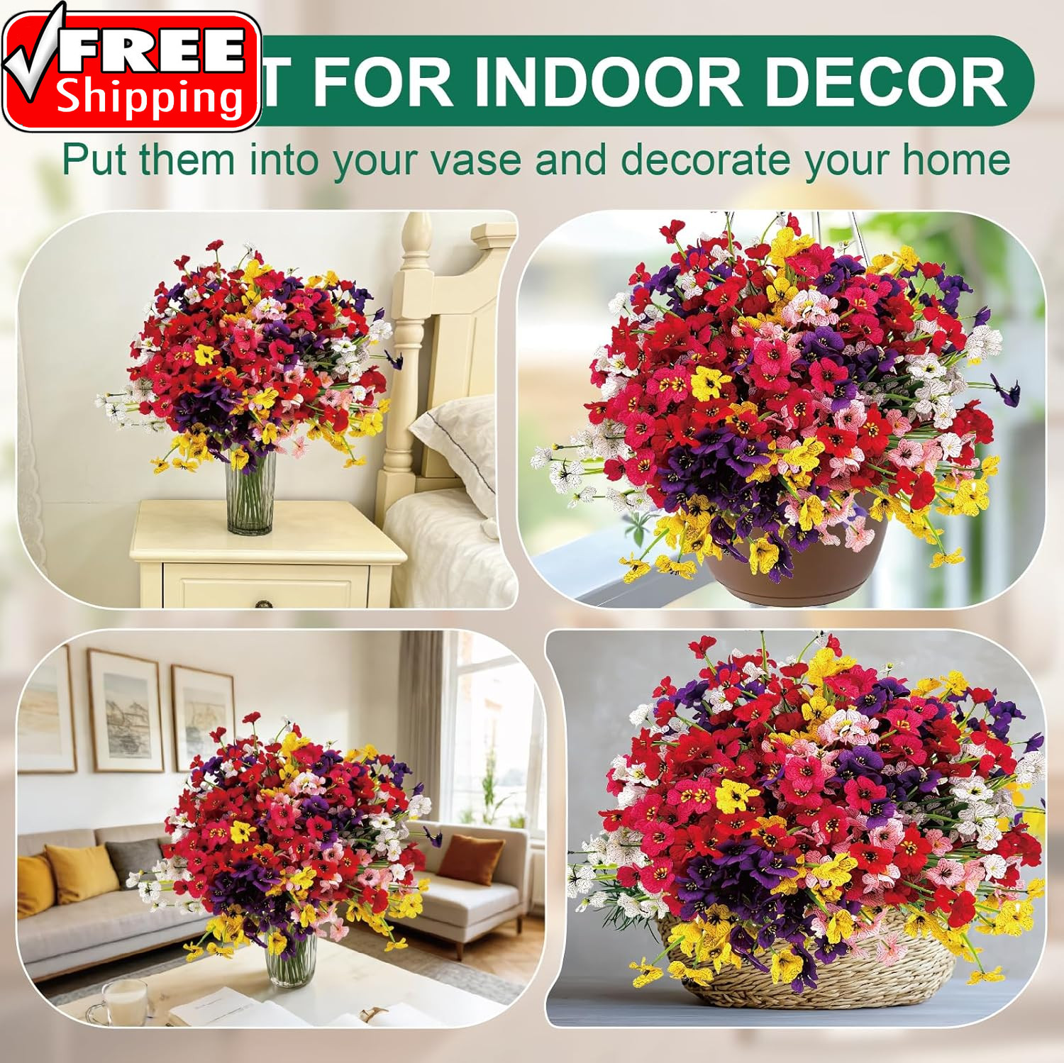 24 Pcs (6 Color) UV Resistant Outdoor Artificial Faux Flowers Plants Realistic P