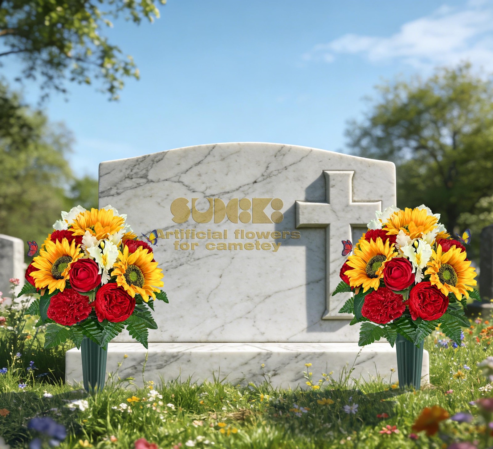 Cemetery Flowers With Vase Bright Sunflower Peony Camellia Red Orange 1 PCS