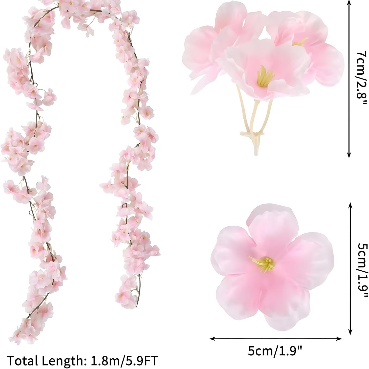 3Pcs 5.91 Ft Artificial Cherry Blossoms Garland Pink Fake Vines Hanging Silk Che