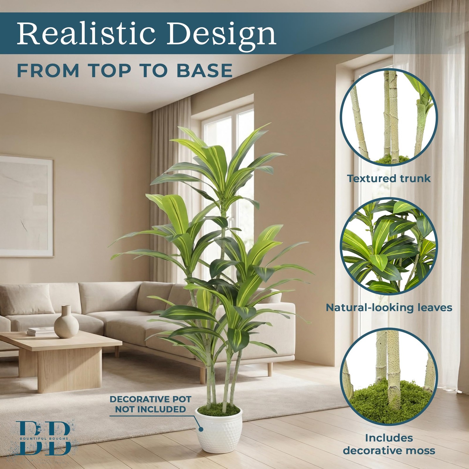 4’ (120 cm) Dracaena Artificial Tree with Small Black Pot & Moss – Lifelike N…