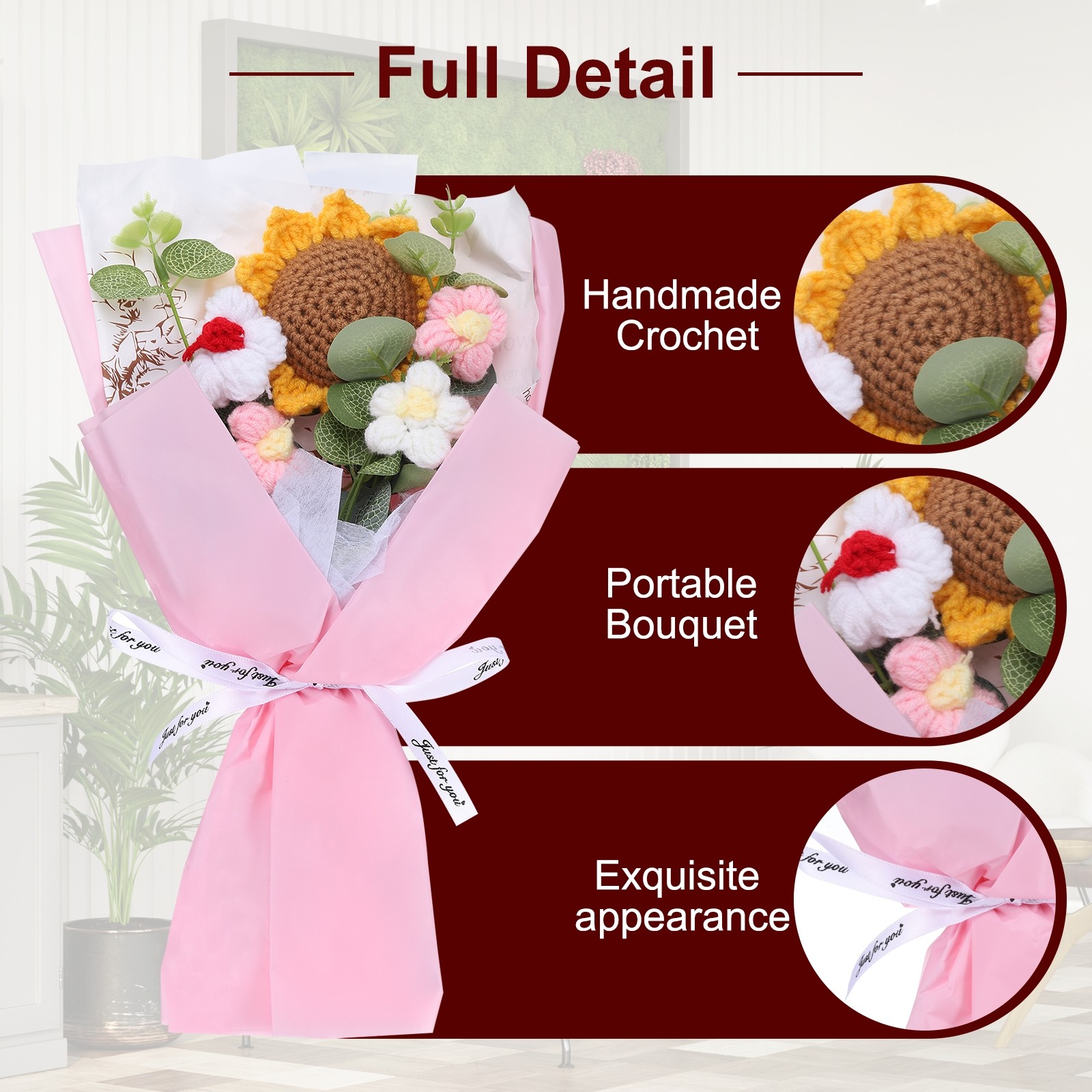 Crochet Flowers Bouquet Handmade Artificial Bouquet Sunflower Pink New