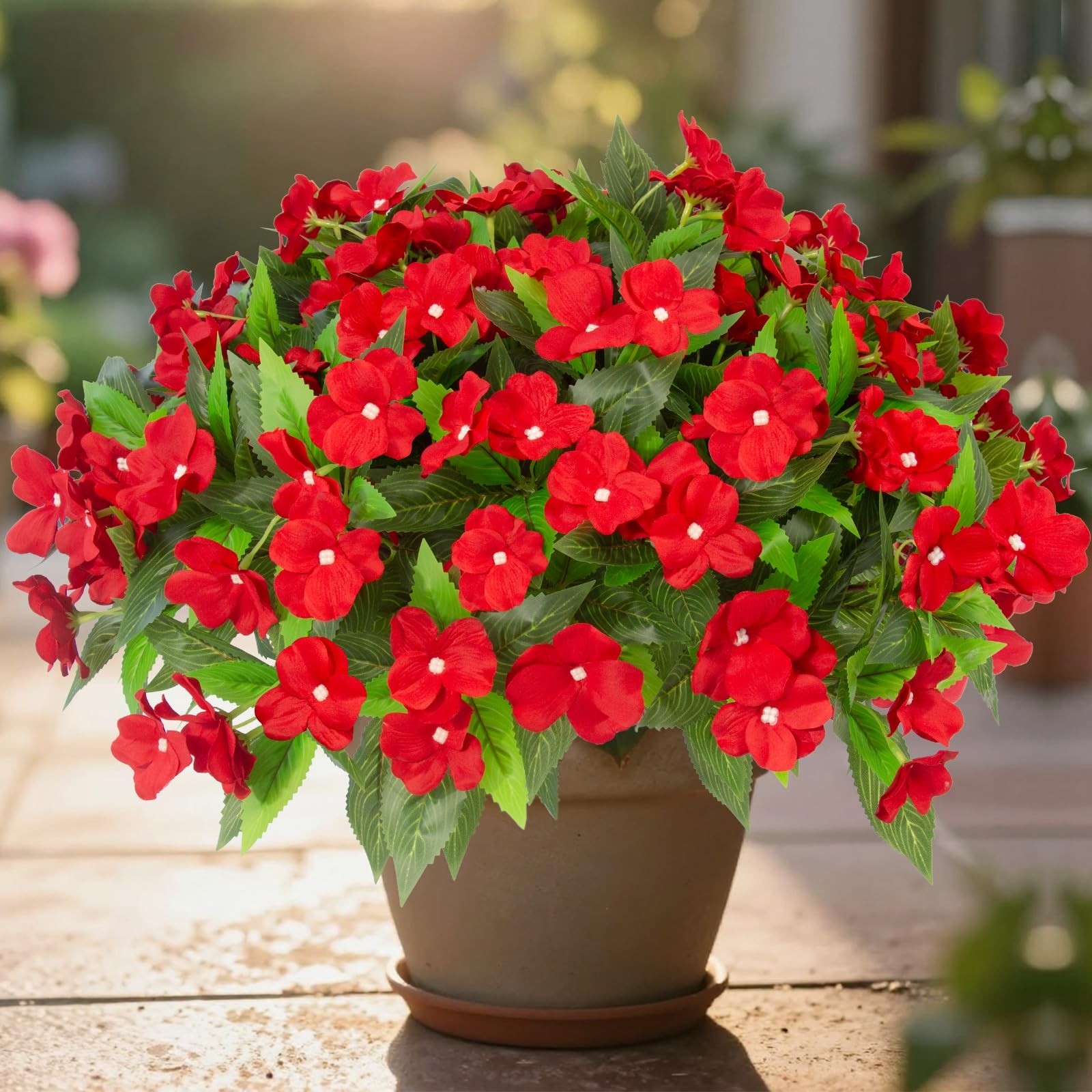 Daynight 4pcs Artificial Impatiens Flowers UV Resistant Red Decor