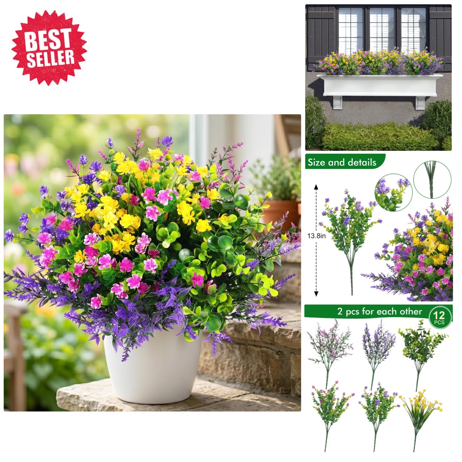 Vibrant 12 Pcs Faux Flower Bundle in Fuchsia, Purple, Yellow – All-Season Decor