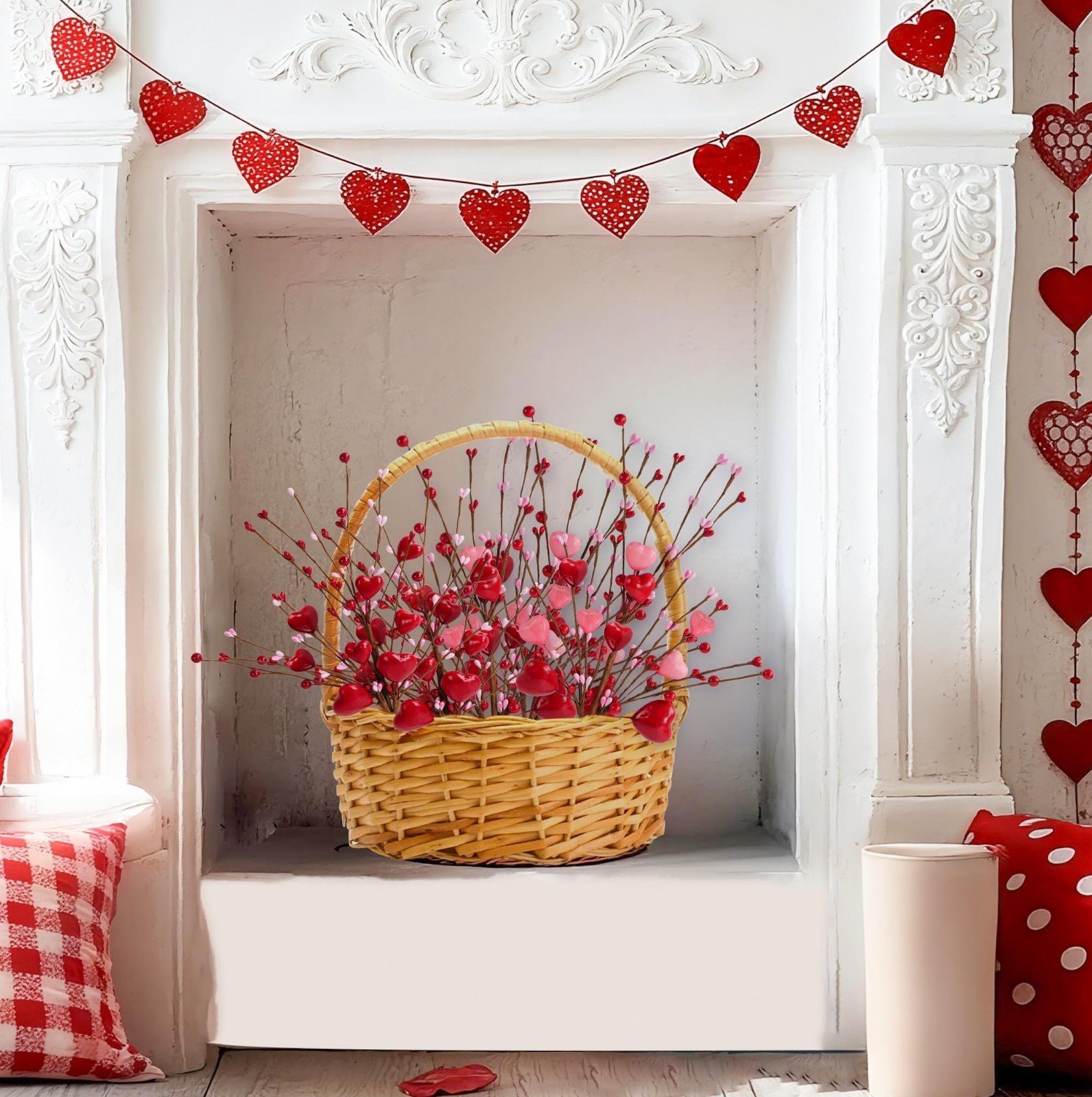 Valentine’s Day Decorations – 6 Pcs Heart Picks with Red Pink Flowers & Berries