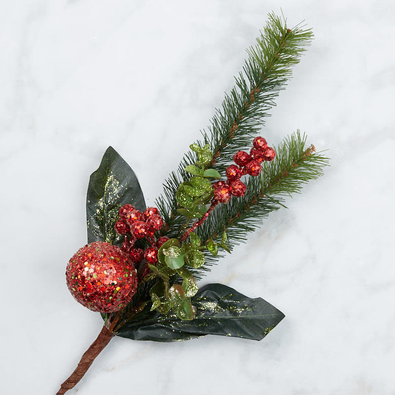 Bulk Lot of 12 Artificial Red Glitter Berries, Ornament & Pine 16″ Floral Sprays