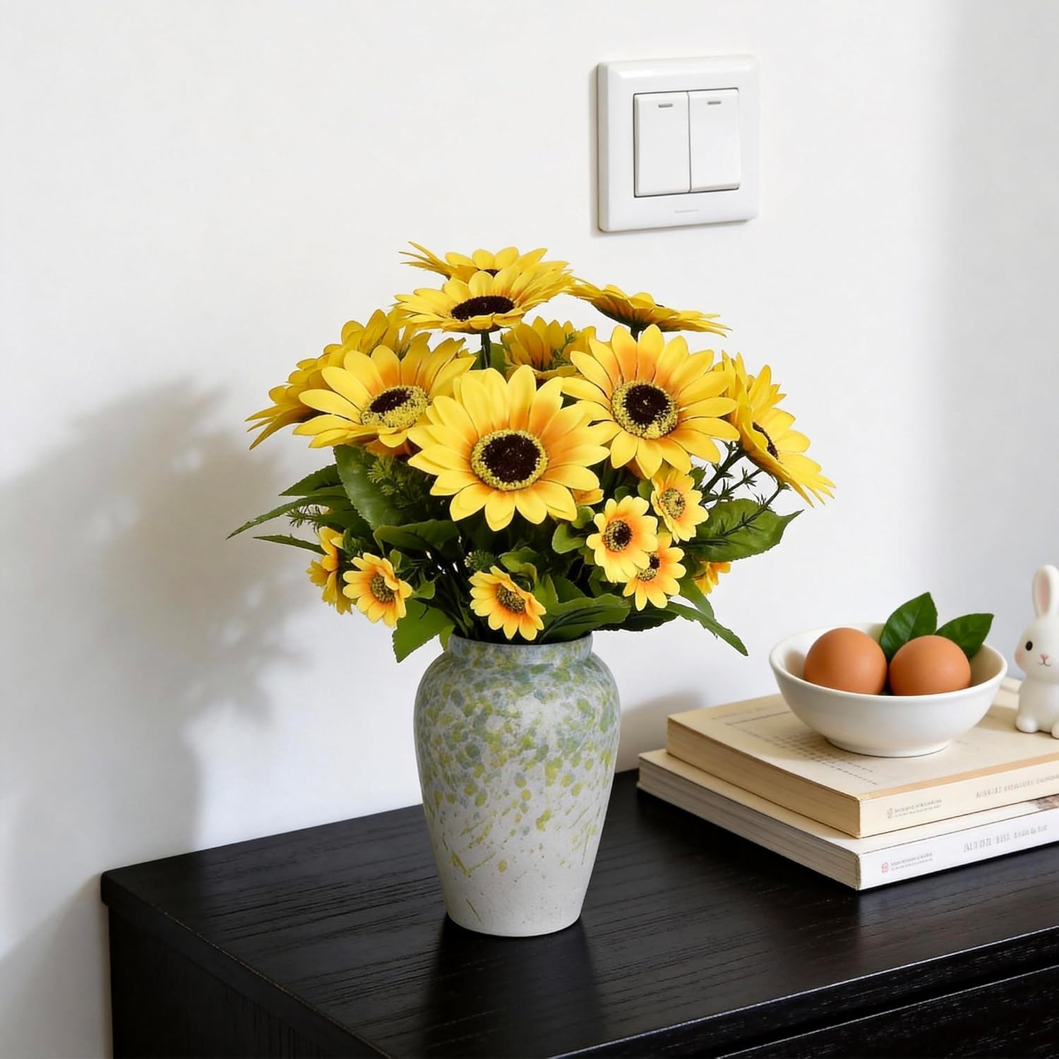Best 14″ Artificial Sunflowers Arrangement in Green & Blue Speckled Ceramic Vase