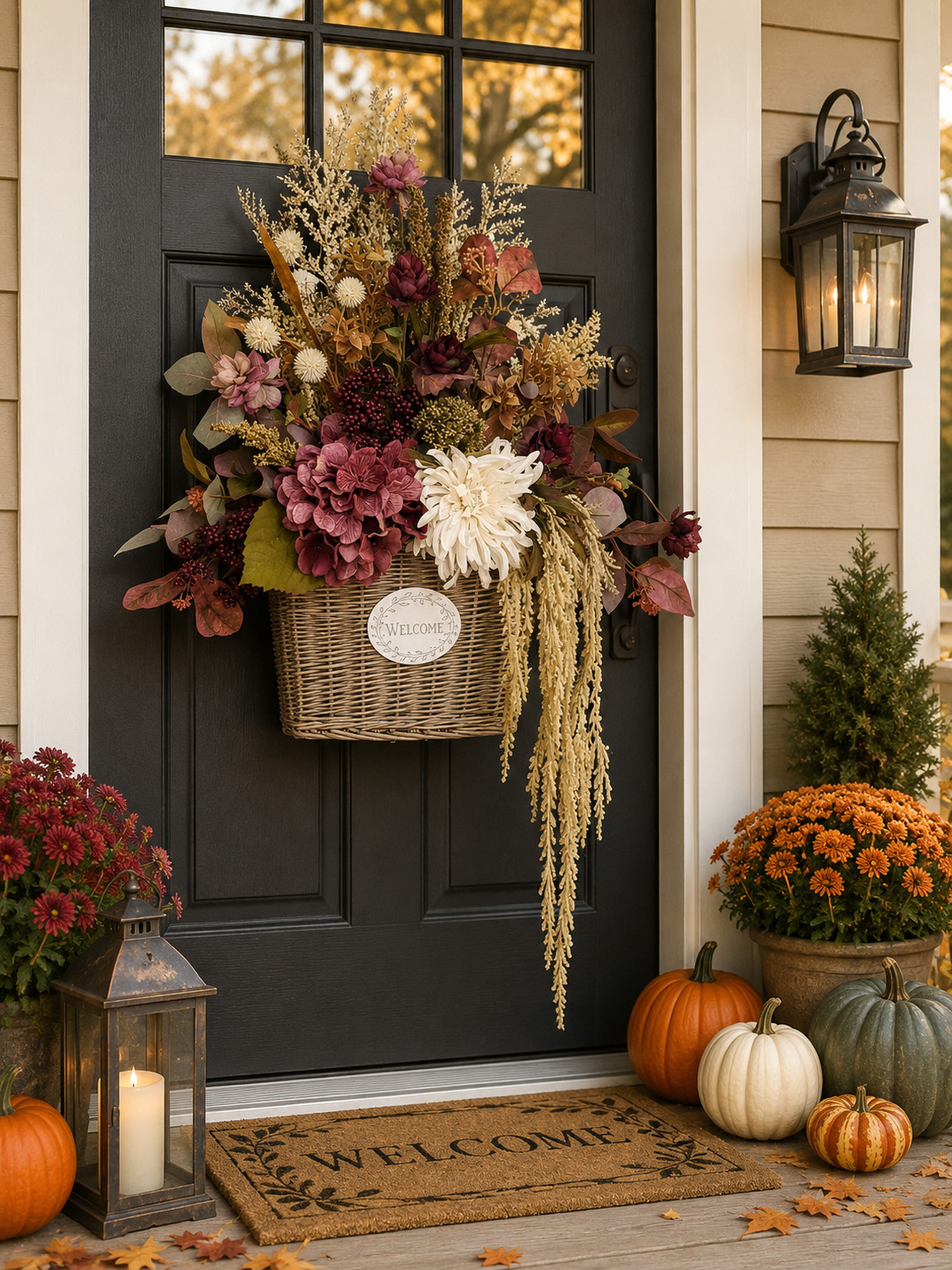 24″ Fall Wicker Wall Basket, Burgundy Cream Silk Floral Arrangement Autumn Porch