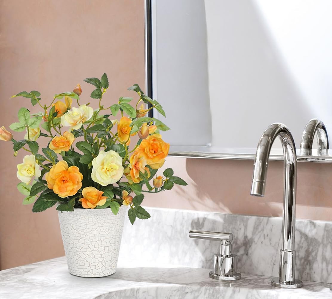Yellow Camellia Roses Artificial Flowers in Vase Small Potted Faux Plant